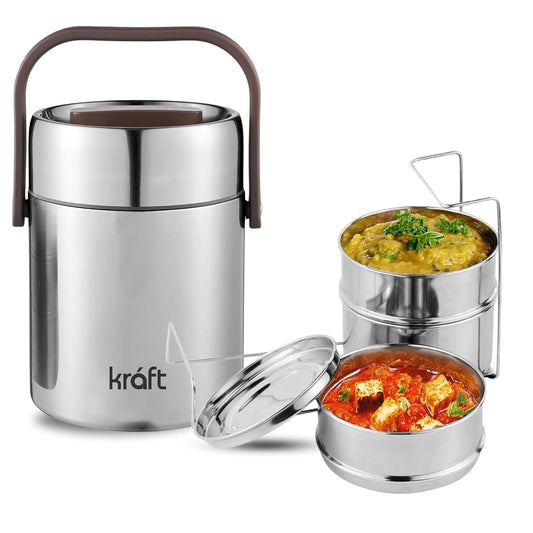 Vinod Kraft Perma Therm 3-Tier Stainless Steel Insulated Lunch Box -1.6L (400ml Each), Double-Wall Vacuum Tiffin Keeps Food Hot for 8 Hrs, Leak-Proof Silicone Lid, Clip Lock, Ideal for Office, Men & Women
