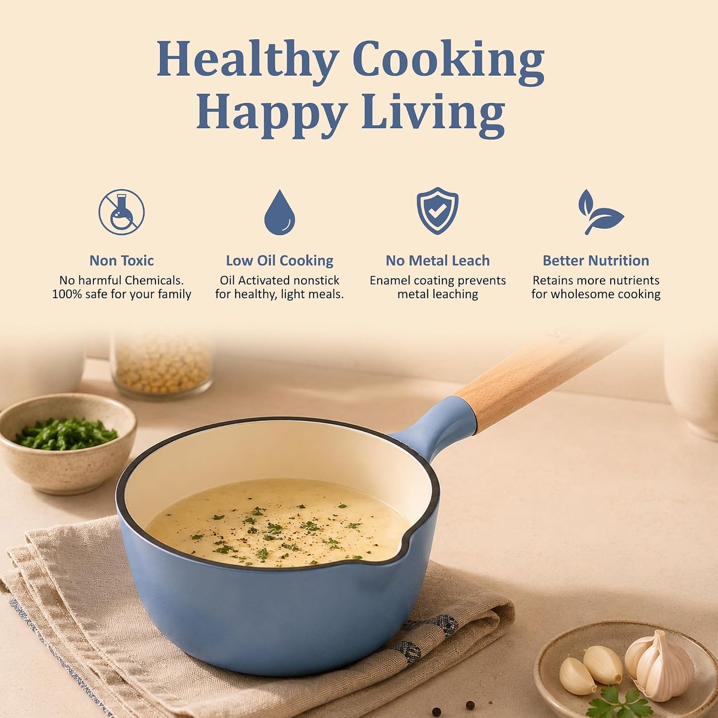 Vinod Freya Enameled Cast Iron Saucepan - 16 cm,1.4 L Blue Color | TREON Technology | 100% Toxin Free | Wooden Handle with Pour Spout | Gas & Induction Compatible | No Seasoning Required | Milk & Tea Pan
