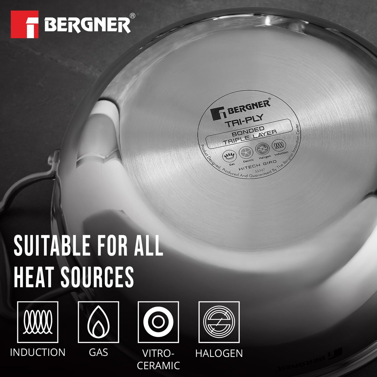 Bergner Hi-Tech Triply Stainless Steel 22cm (2.2L) Kadhai with Glass Lid, Honeycomb Non-Stick Coating, Non-Toxic, Healthy Cooking, Less Oil Use, Durable Handle, Excellent Grip - Induction and Gas Ready