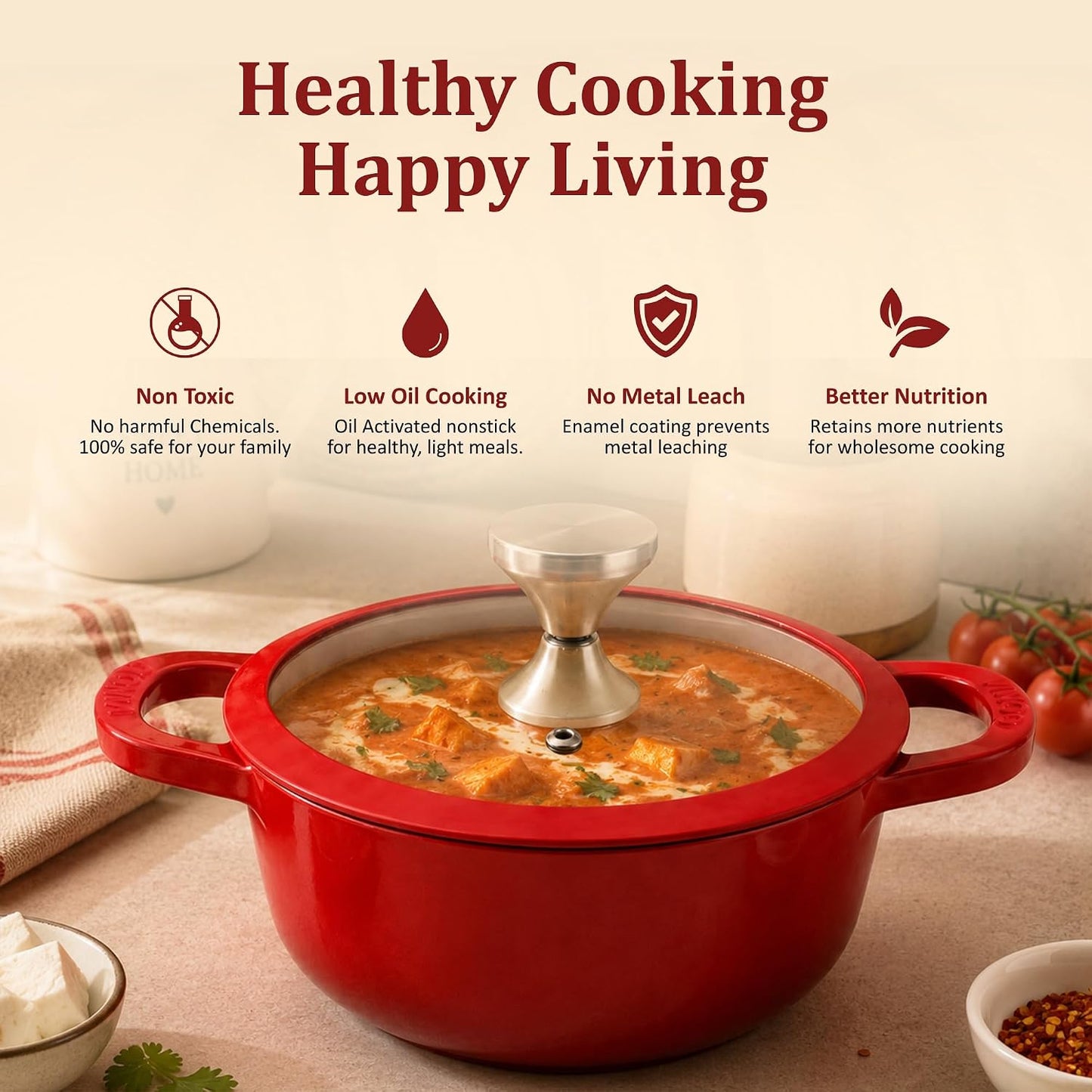 Vinod Freya Cast Iron Saucepot with Glass Lid, 20cm 2L | Enameled Casserole & Dutch Oven | TREON Technology | Iron-Rich Handi for everyday use | Induction & Gas Compatible Cooking Pot