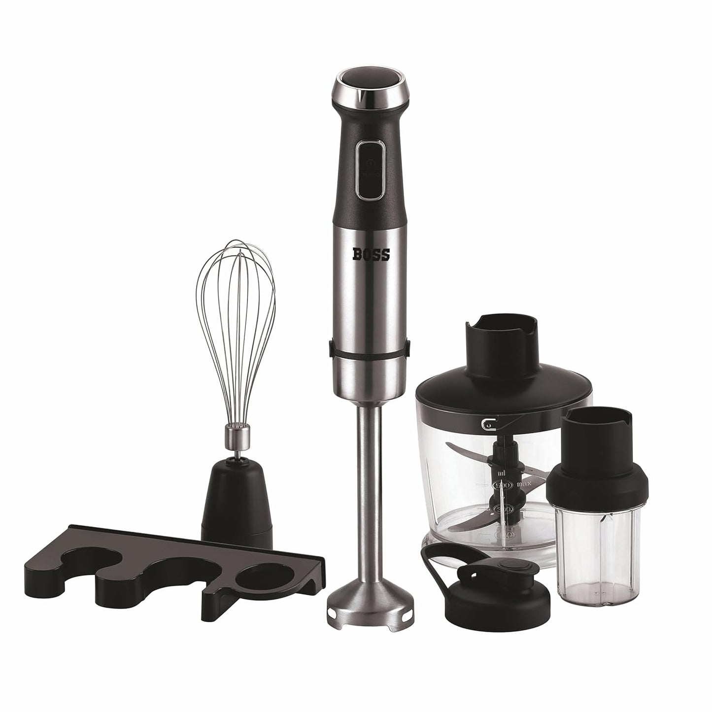 BOSS Stellar Hand Blender 1200 Watts with Chopper, Blender Jar, On to go Bottle Cap| Variable Speed & Turbo Speed Function| Anti-Splash Technology| 2 Year Warranty| Black and Grey
