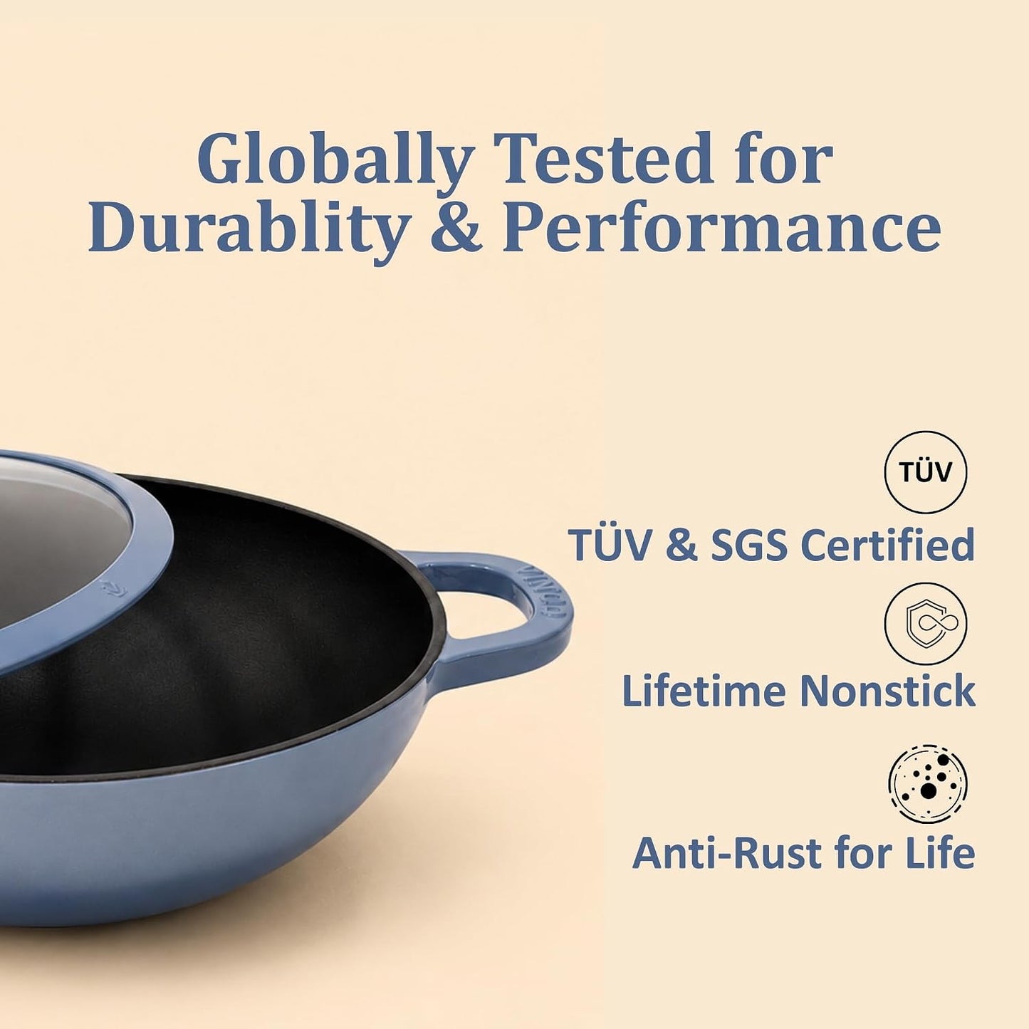 Vinod Freya Cast Iron Deep Kadai with Glass Lid, 26 cm, 3.2L Blue Color | TREON Technology Enamel Kadhai for Frying, Curry & Cooking | No Seasoning Required | 100% Pure & Toxin-Free | Induction & Gas Compatible
