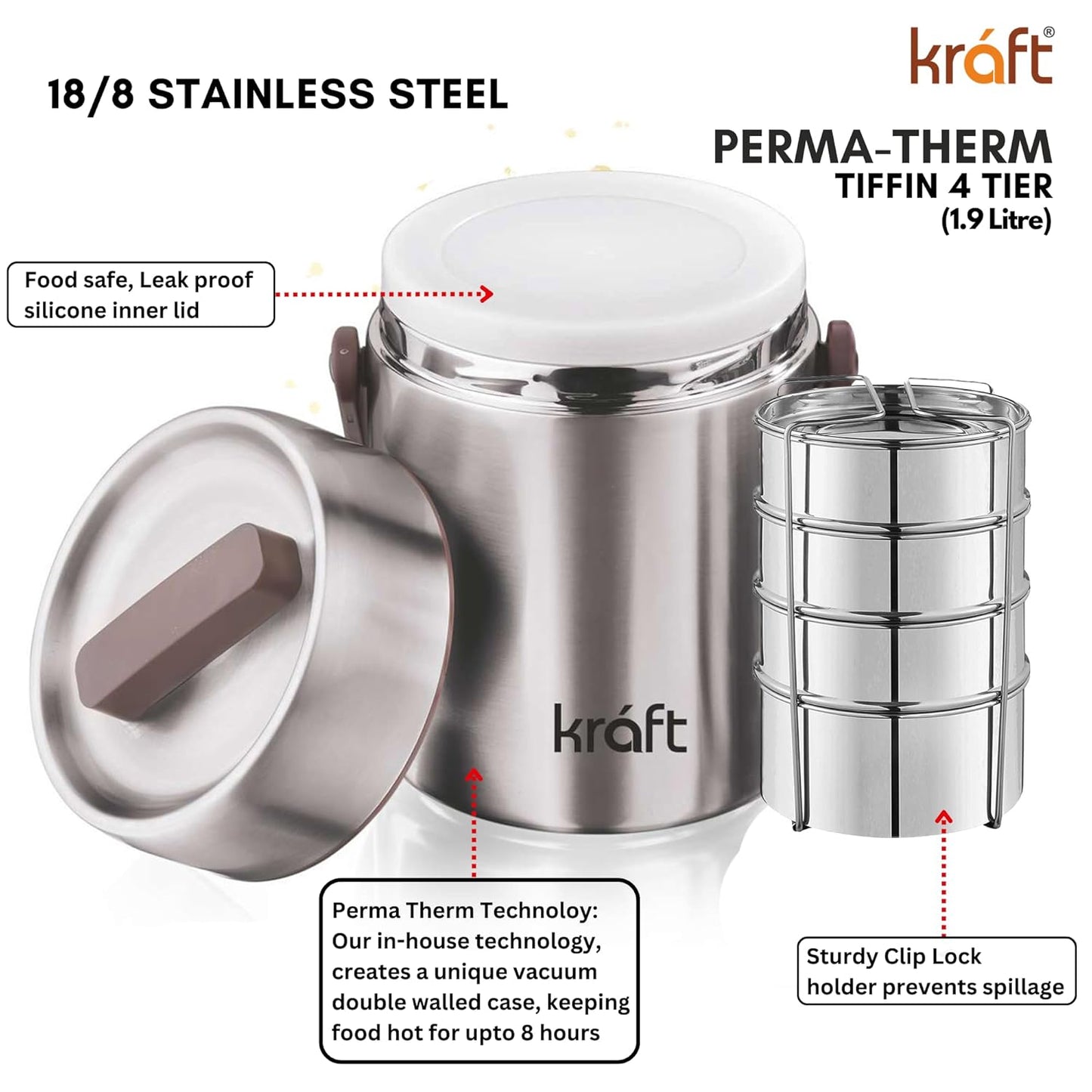 Vinod Kraft Perma Therm 4-Tier Stainless Steel Insulated Lunch Box -1.9L (400ml Each), Double-Wall Vacuum Tiffin Keeps Food Hot for 8 Hrs, Leak-Proof Silicone Lid, Clip Lock, Ideal for Office, Men & Women
