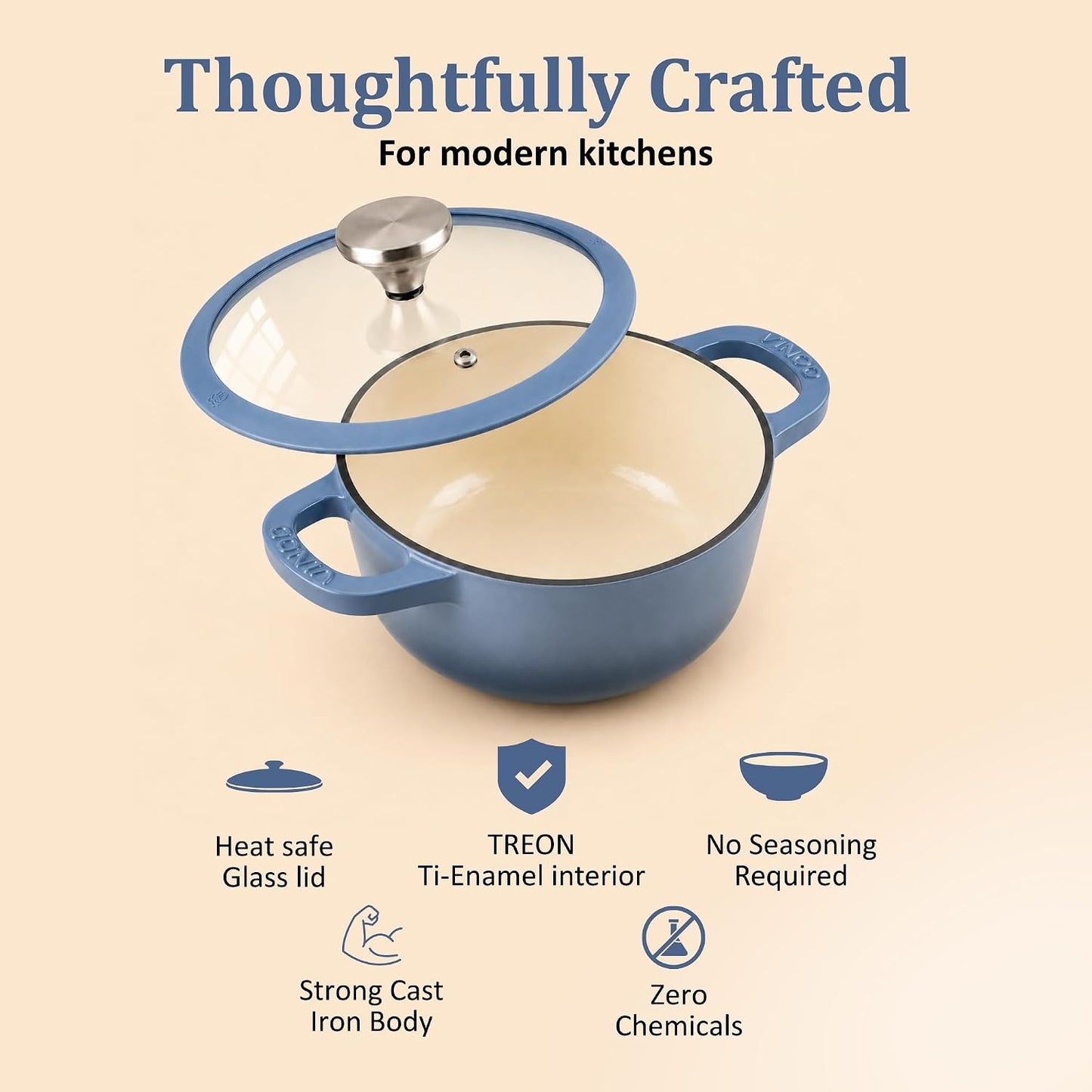 Vinod Freya Cast Iron Saucepot with Glass Lid, 20cm - 2L Blue Color | TREON Technology | Enameled Casserole & Dutch Oven | Iron-Rich Handi for Everyday Use| Induction & Gas Compatible Cooking Pot