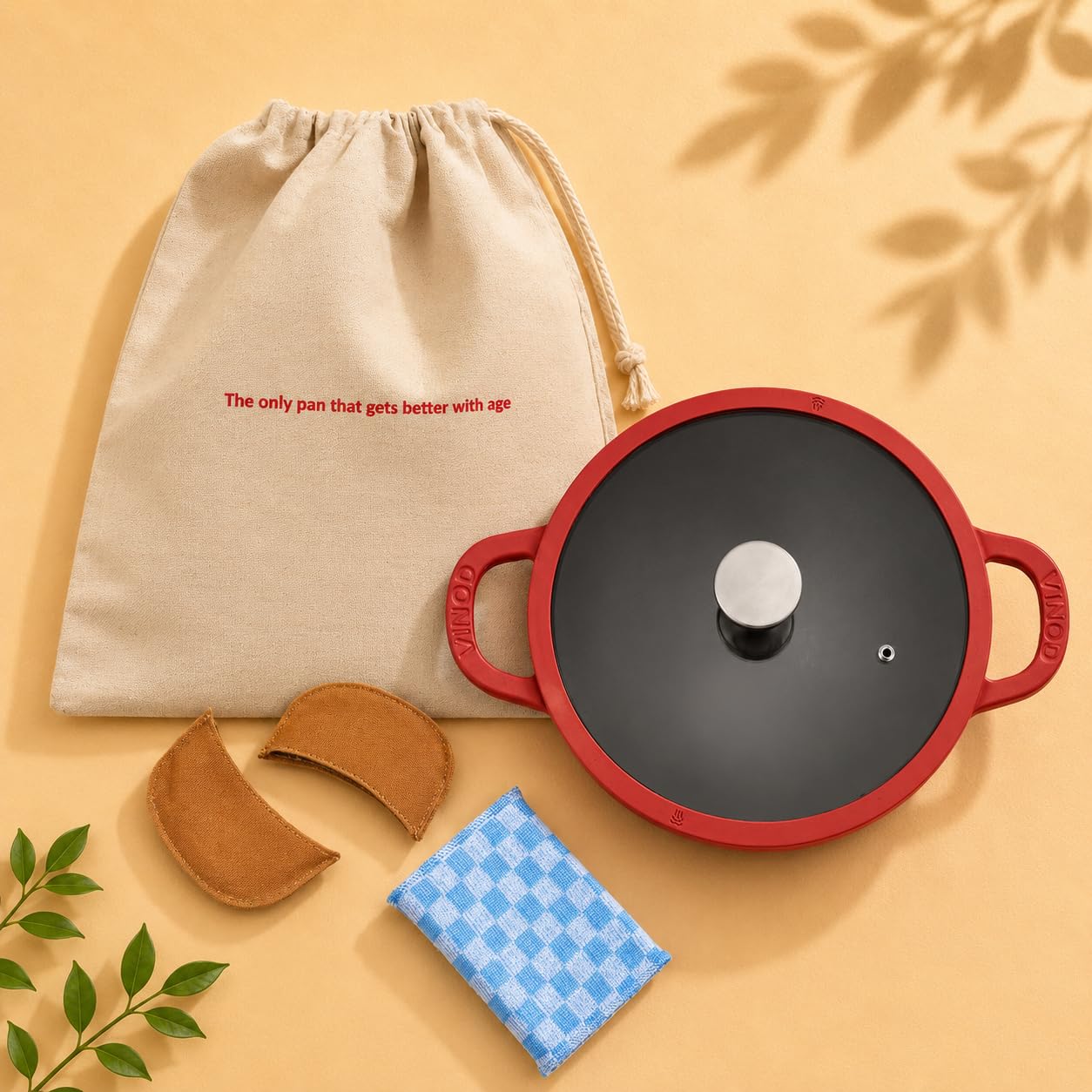 Vinod Freya Cast Iron Deep Kadai with Glass Lid, 24 cm 2.4 L Red Color | TREON Technology Enamel Kadhai for Frying, Sabzi & Cooking | No Seasoning Required | Induction & Gas Compatible | No Chemical Coating