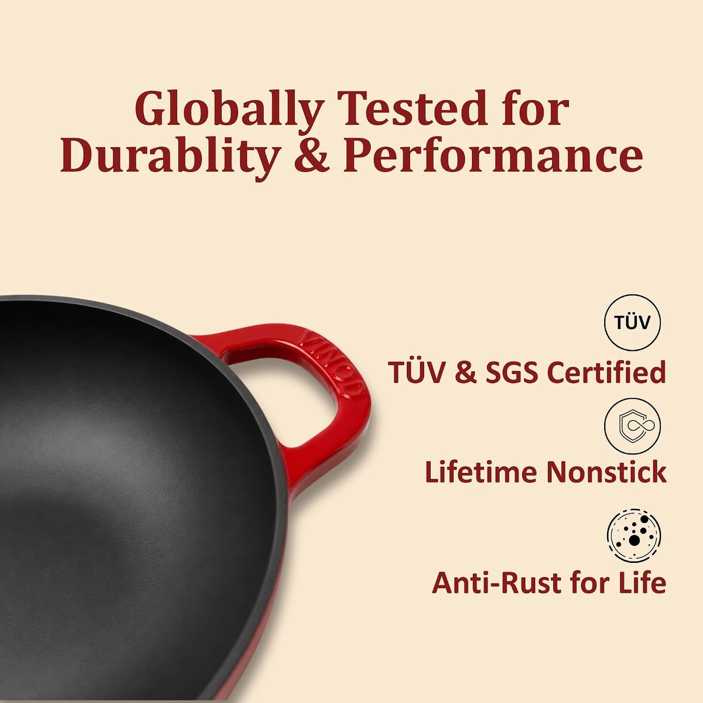 Vinod Freya Cast Iron Deep Kadai with Glass Lid, 26 cm, 3.2L Red Color| TREON Technology Enamel Kadhai for Frying, Curry & Cooking | No Seasoning Required | 100% Pure & Toxin-Free | Induction & Gas Compatible