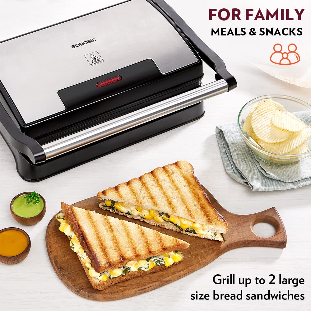 Borosil Meta Prime 700W Grill Sandwich Maker | Can Make 2 Sandwich At a Time | Power Indicators | Non Toxic & Non-Stick Coating Plates Opens to 105° | Automatic Temprature Control | 2 Year Warranty on motor