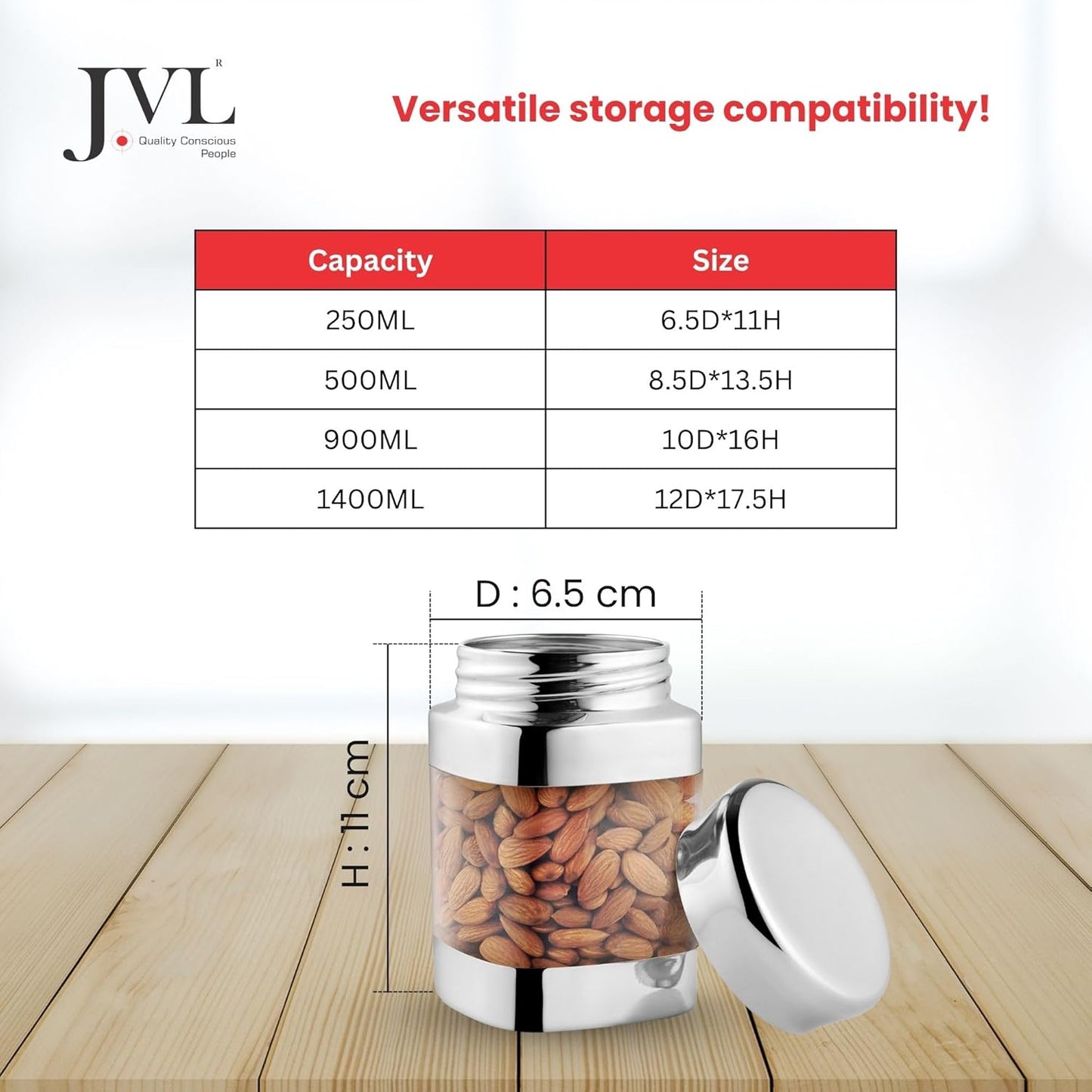 JVL Square Canister Container for Kitchen Storage Stainless Steel capacity 1.4Liters Storage Jar for Snack Coffee Tea Groceries SQC 4