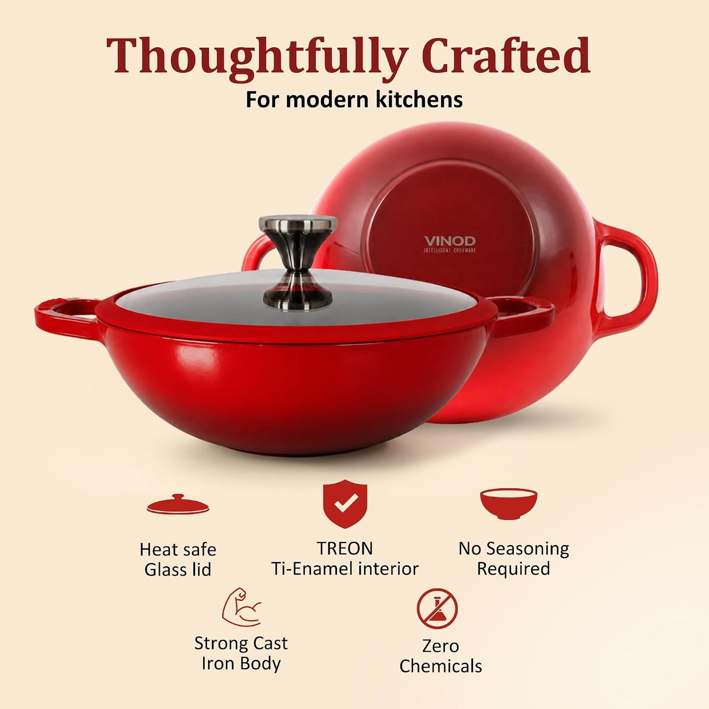 Vinod Freya Cast Iron Deep Kadai with Glass Lid, 22 cm 1.9 L Red Color | TREON Technology Enamel Kadhai for Frying, Sabzi, & Cooking | No Seasoning Required | Induction & Gas Stove Compatible | 100% Non-Toxic