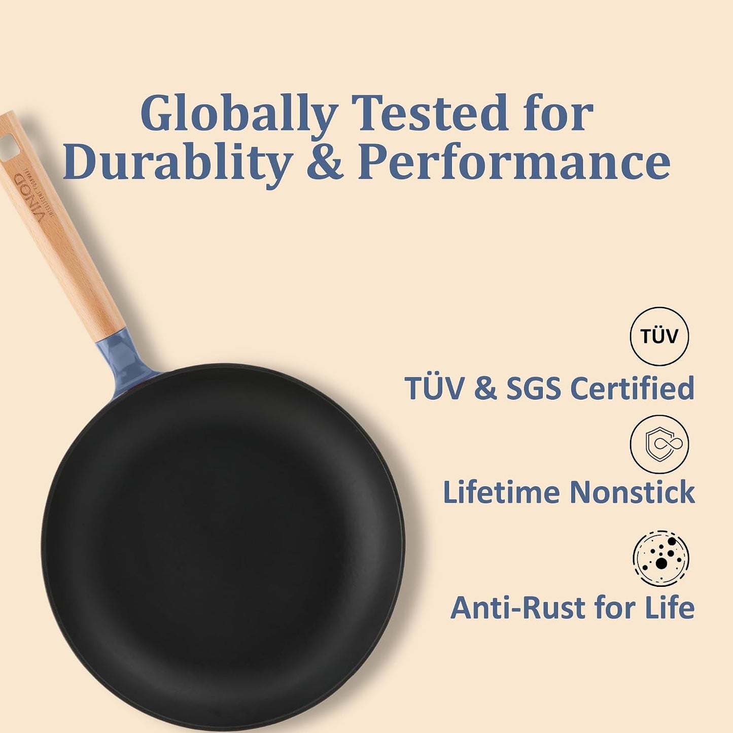 Vinod Freya Enameled Cast Iron Frying Pan - 22 cm, 1.2 L BLUE COLOR| Wood-Finish Handle | TREON Technology | No Seasoning Required | Gas & Induction Compatible | Ideal for  Everyday Cooking