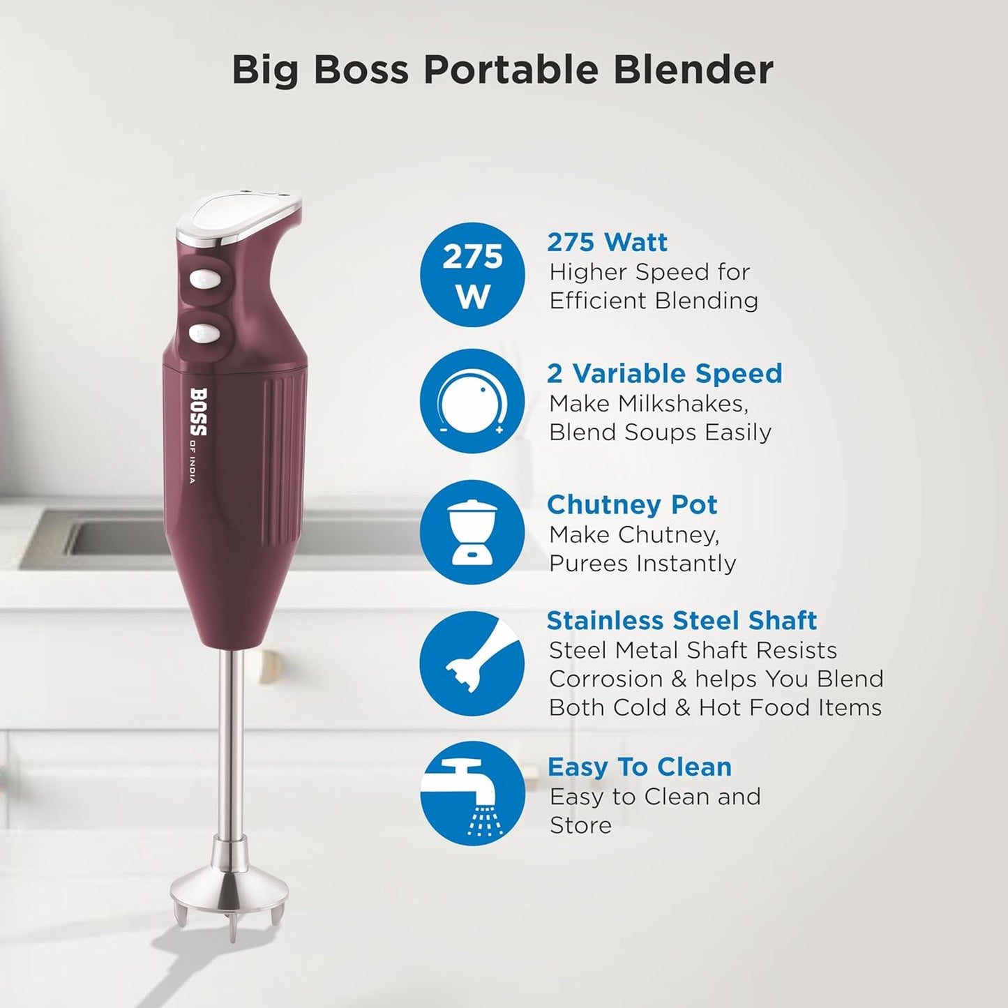 BOSS Stainless Steel Big Boss Portable Hand Blender | Powerful 275 W Motor | 5 Years Warranty* First In India | Variable Speed Control | Isi-Marked, 275 Watts