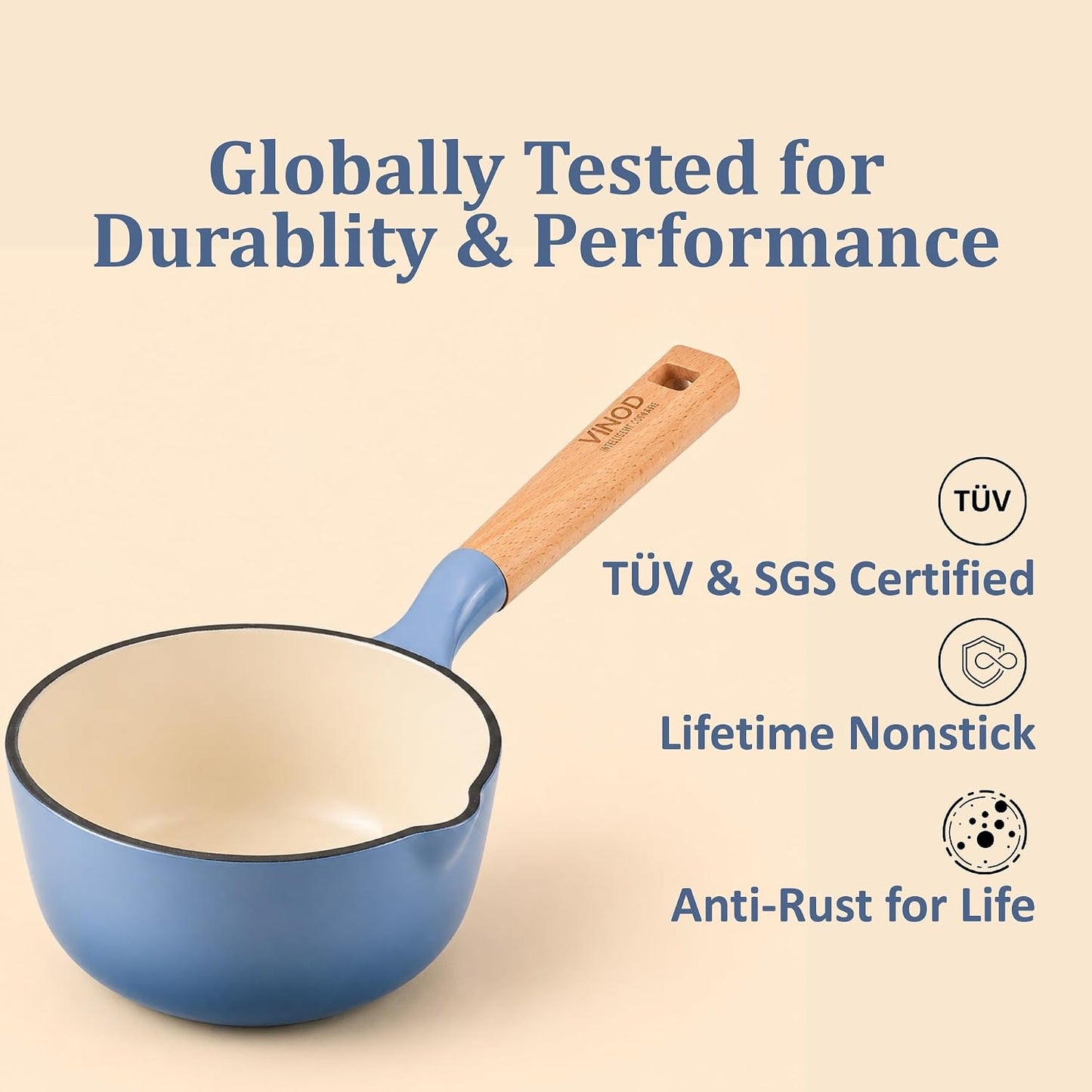 Vinod Freya Enameled Cast Iron Saucepan - 16 cm,1.4 L Blue Color | TREON Technology | 100% Toxin Free | Wooden Handle with Pour Spout | Gas & Induction Compatible | No Seasoning Required | Milk & Tea Pan