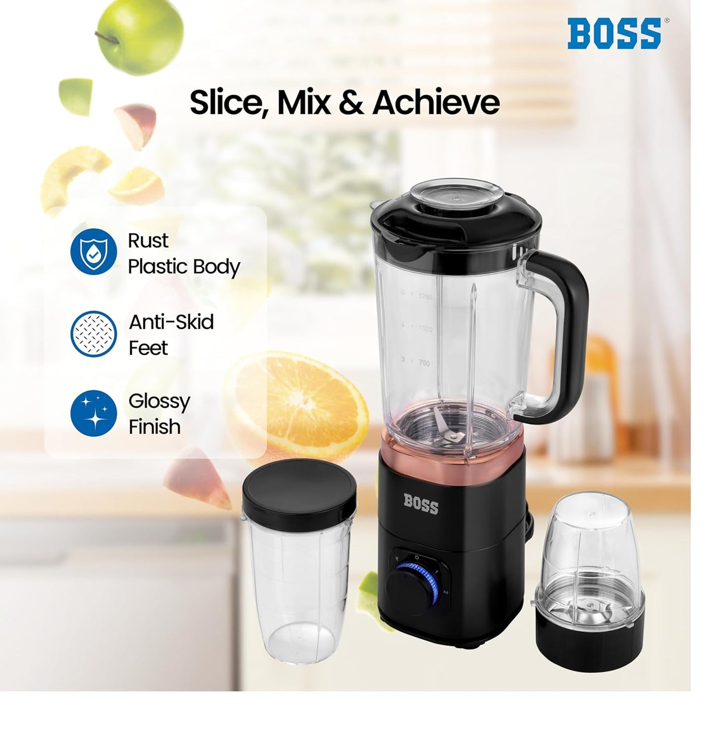 BOSS Nutri Neo 800W Juicer/Mixer/Grinder/Smoothie Maker, 3 Unbreakable Jars, 2 Blade Set - Wet & Dry, Rose Gold, 2 Year Warranty on Motor
