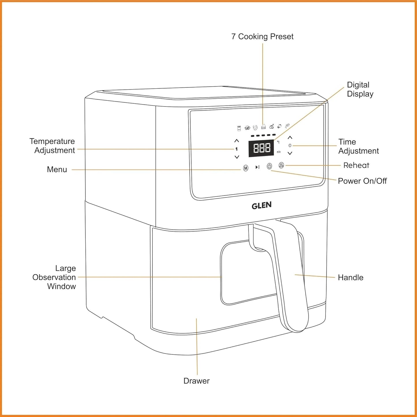 Glen Air Fryer With Digital Display and Visible Window 1500 Watts 2 yrs motor warranty