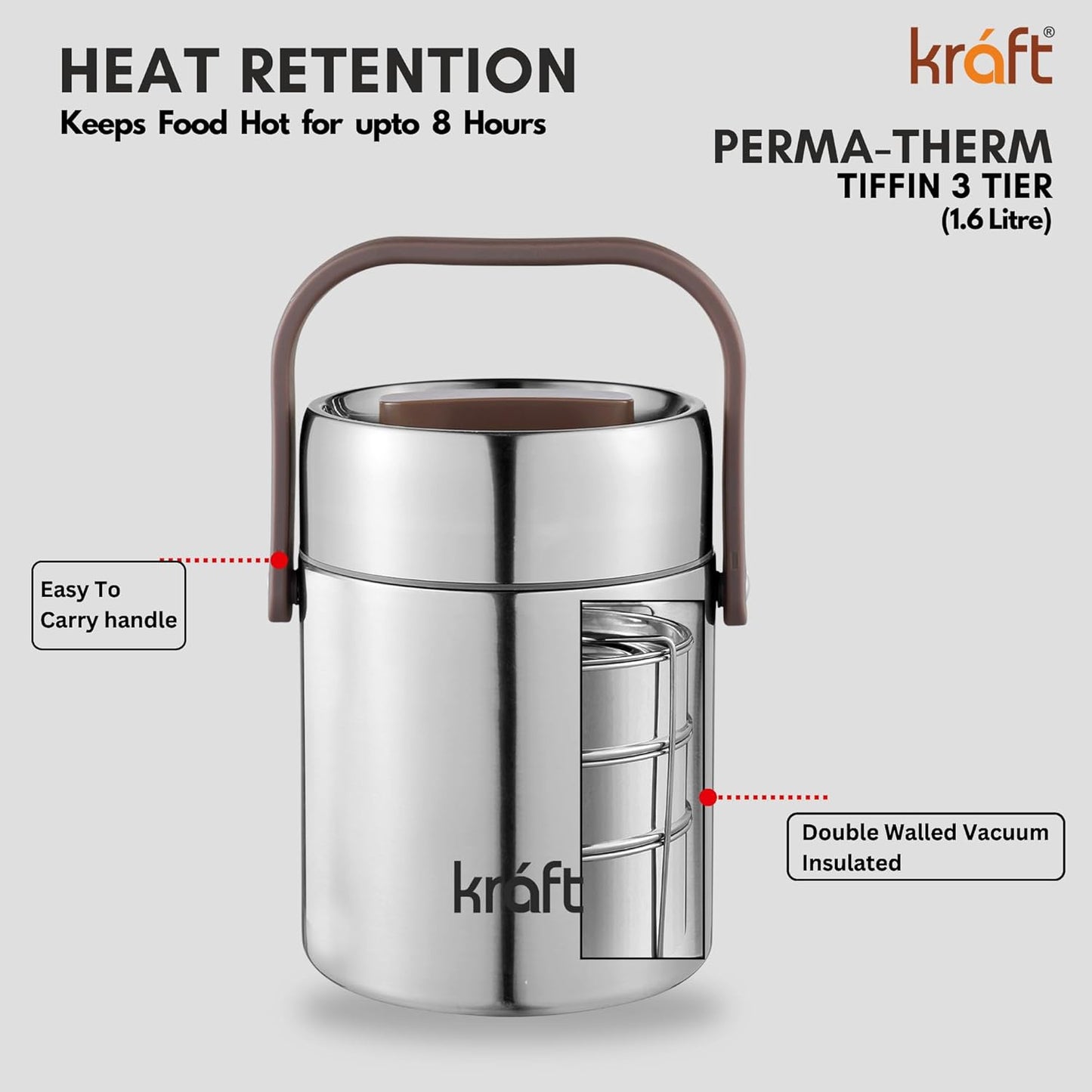Vinod Kraft Perma Therm 3-Tier Stainless Steel Insulated Lunch Box -1.6L (400ml Each), Double-Wall Vacuum Tiffin Keeps Food Hot for 8 Hrs, Leak-Proof Silicone Lid, Clip Lock, Ideal for Office, Men & Women