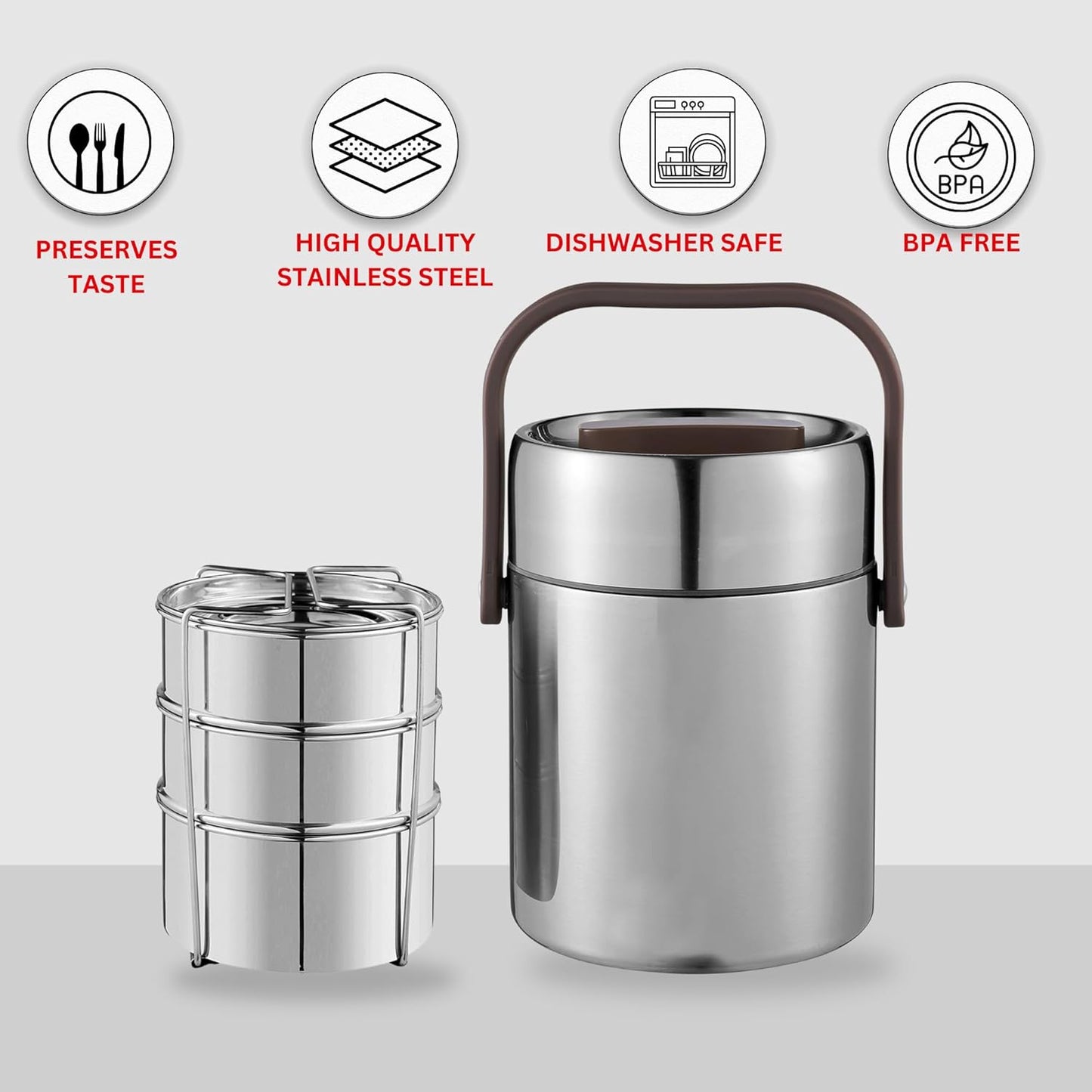 Vinod Kraft Perma Therm 3-Tier Stainless Steel Insulated Lunch Box -1.6L (400ml Each), Double-Wall Vacuum Tiffin Keeps Food Hot for 8 Hrs, Leak-Proof Silicone Lid, Clip Lock, Ideal for Office, Men & Women