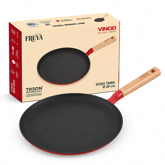 Vinod Freya Cast Iron Dosa Tawa 28 cm Red Color, TREON Titanium-Reinforced Enamel, No Seasoning Required, Oil-Activated Food Release, No Traditional Seasoning, Gas & Induction Base, Beechwood Handle
