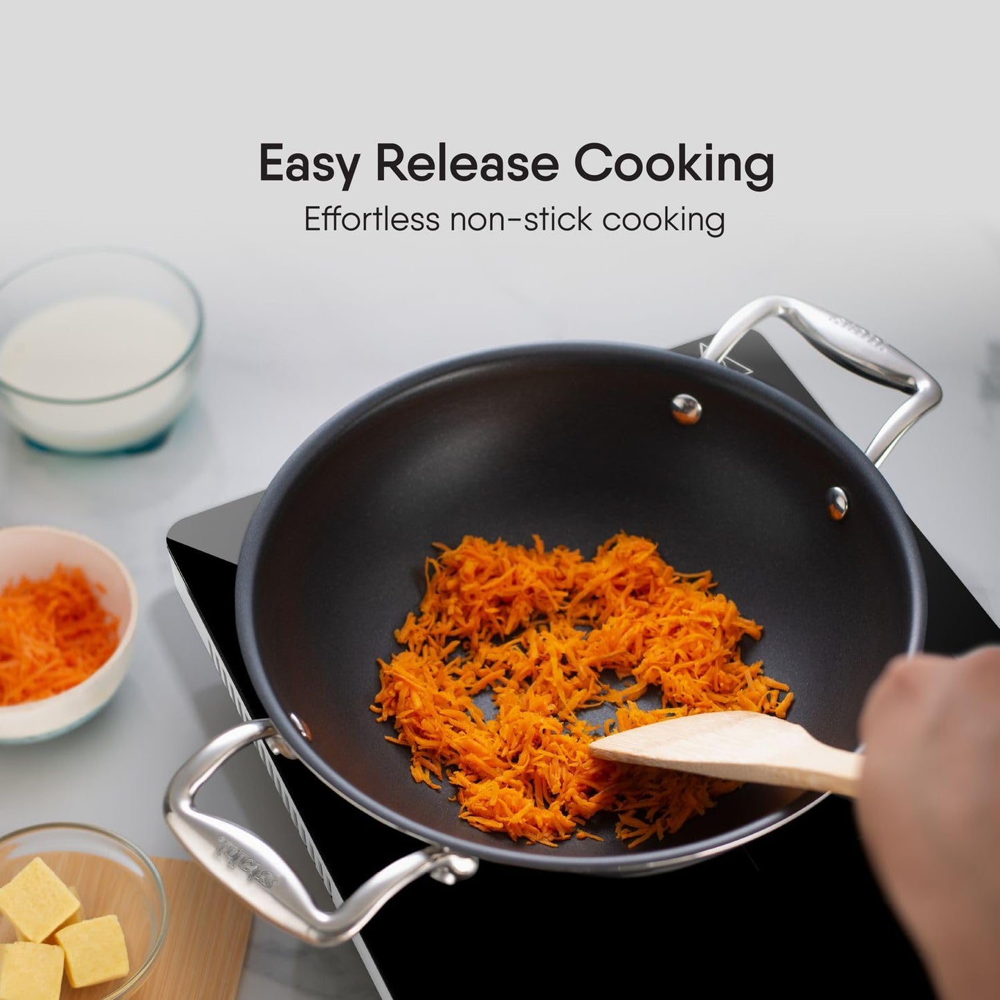 Stahl Artisan Schild 26 cm Kadhai Triply Stainless Steel PEEK-Reinforced Kadhai Induction & Gas Compatible with Glass Lid