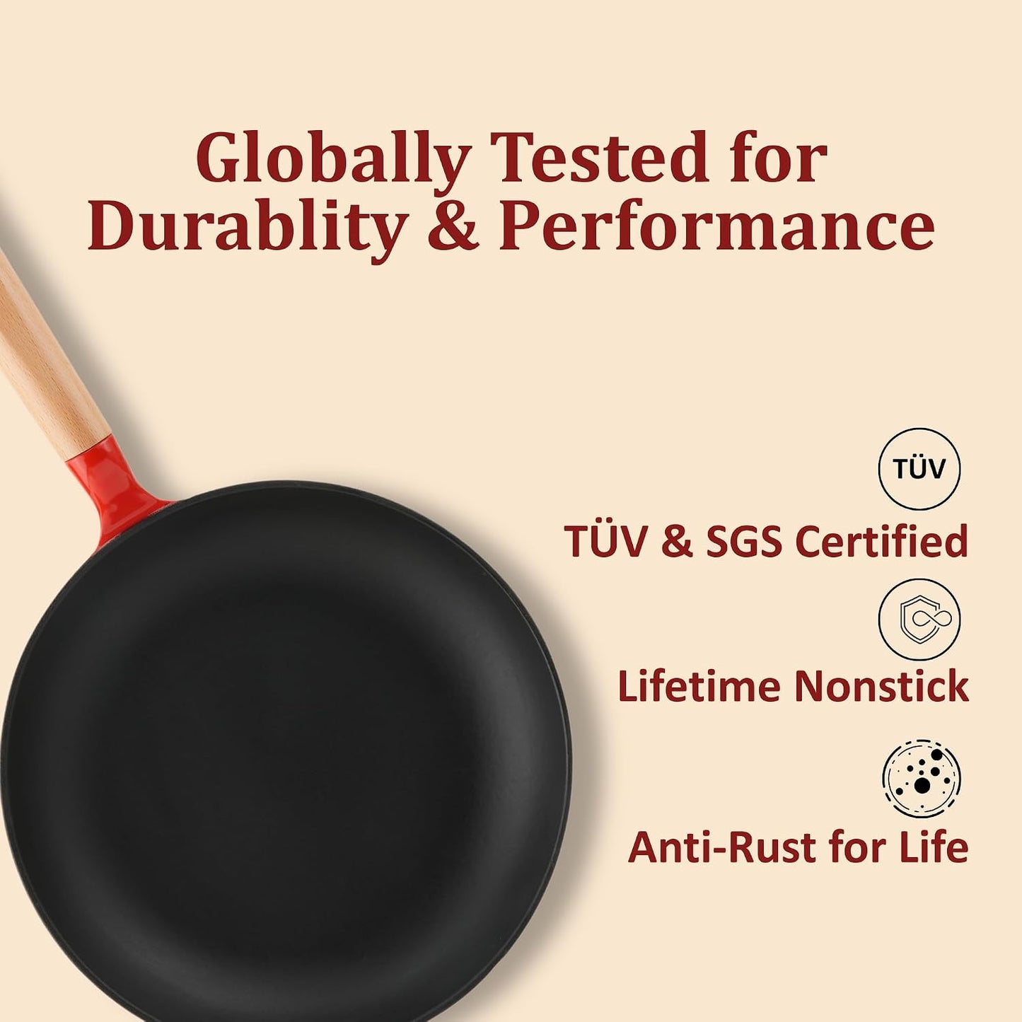 Vinod Freya Enameled Cast Iron Frypan 24 cm, 1.5 L Red Color | Wood-Finish Handle | TREON Technology, 100% Toxin Free | No Seasoning Required | Gas & Induction Compatible | Ideal for Everyday Use