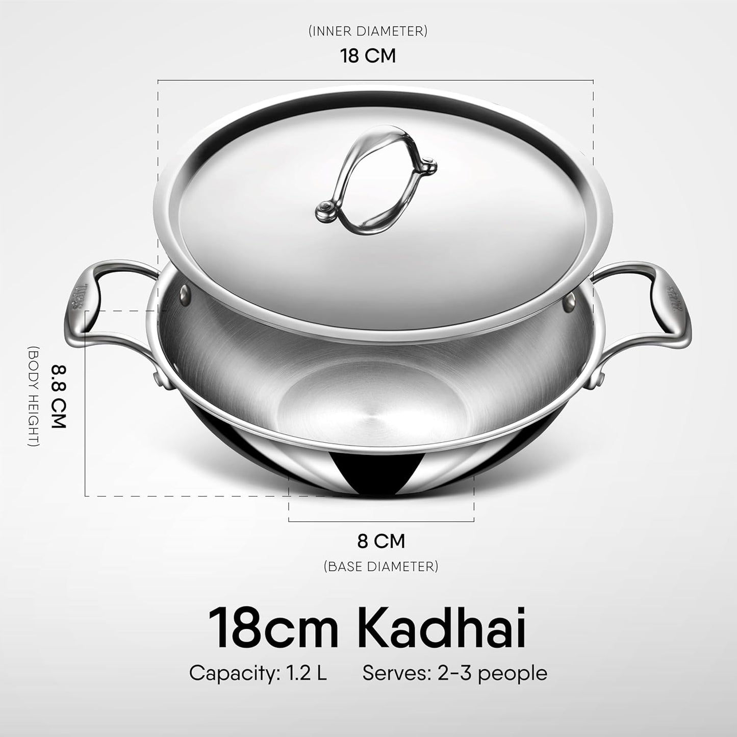 Stahl Artisan Triply Stainless Steel Kadhai with Lid 18CM 1.2 Liters, Kadai for Cooking, Stainless Steel Cookware Triply Kadai, Induction & Gas Stove Compatible, 1.2 L,18 cm