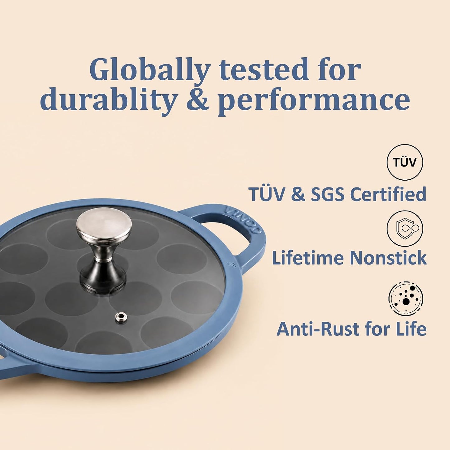 Vinod Freya Enameled Cast Iron Appe Pan with Glass Lid - 22 cm, 12 Pits Blue Color | 100% Toxin Free | No Seasoning Required | TREON Technology | Ideal for Paniyaram, Appam Patra, Paddu & Gunta Ponganalu Maker