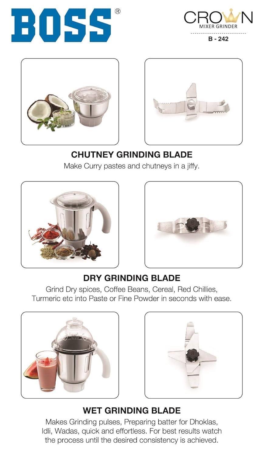 Boss Crown Mixer Grinder, 750W, 3 Jars, 5 years motor warranty