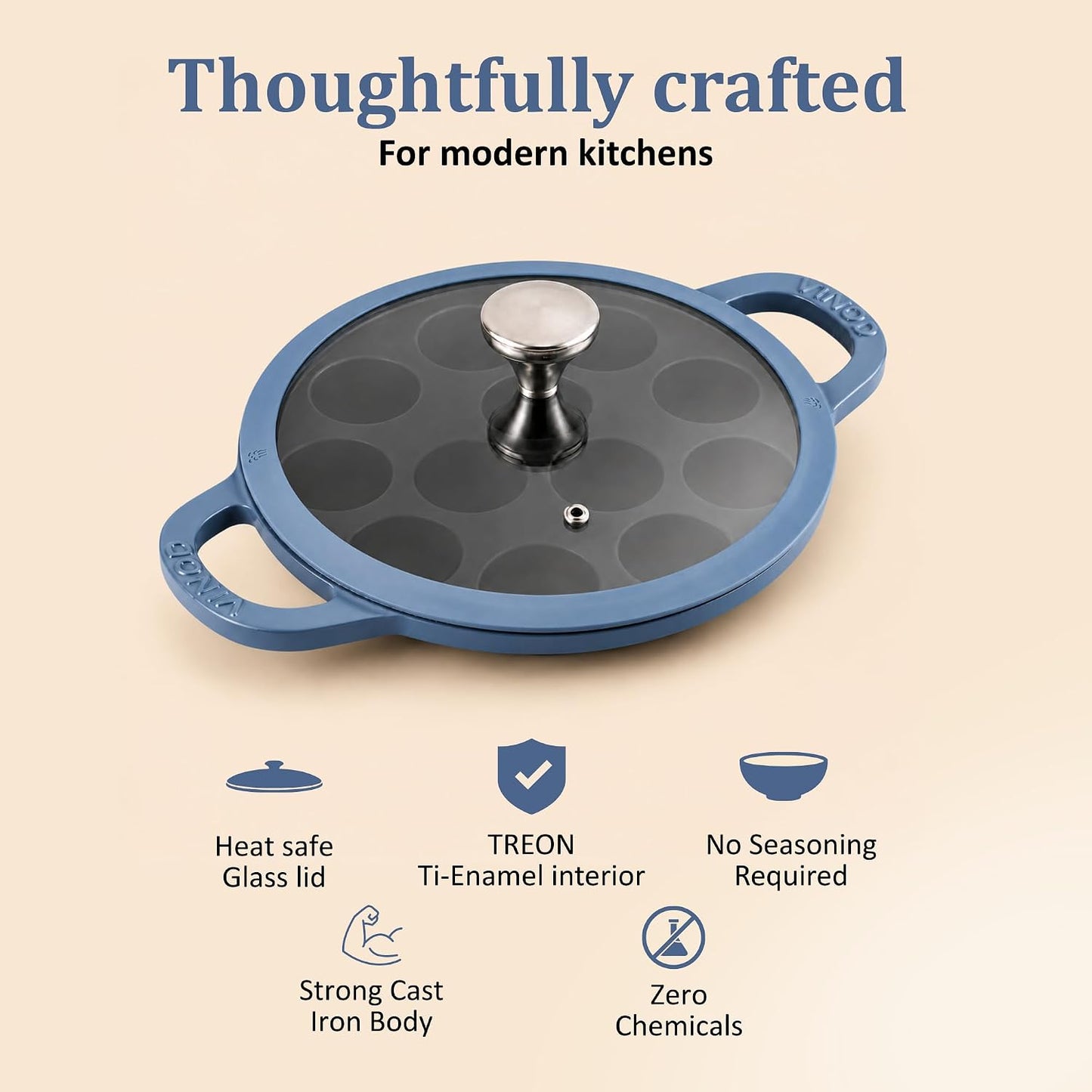 Vinod Freya Enameled Cast Iron Appe Pan with Glass Lid - 22 cm, 12 Pits Blue Color | 100% Toxin Free | No Seasoning Required | TREON Technology | Ideal for Paniyaram, Appam Patra, Paddu & Gunta Ponganalu Maker
