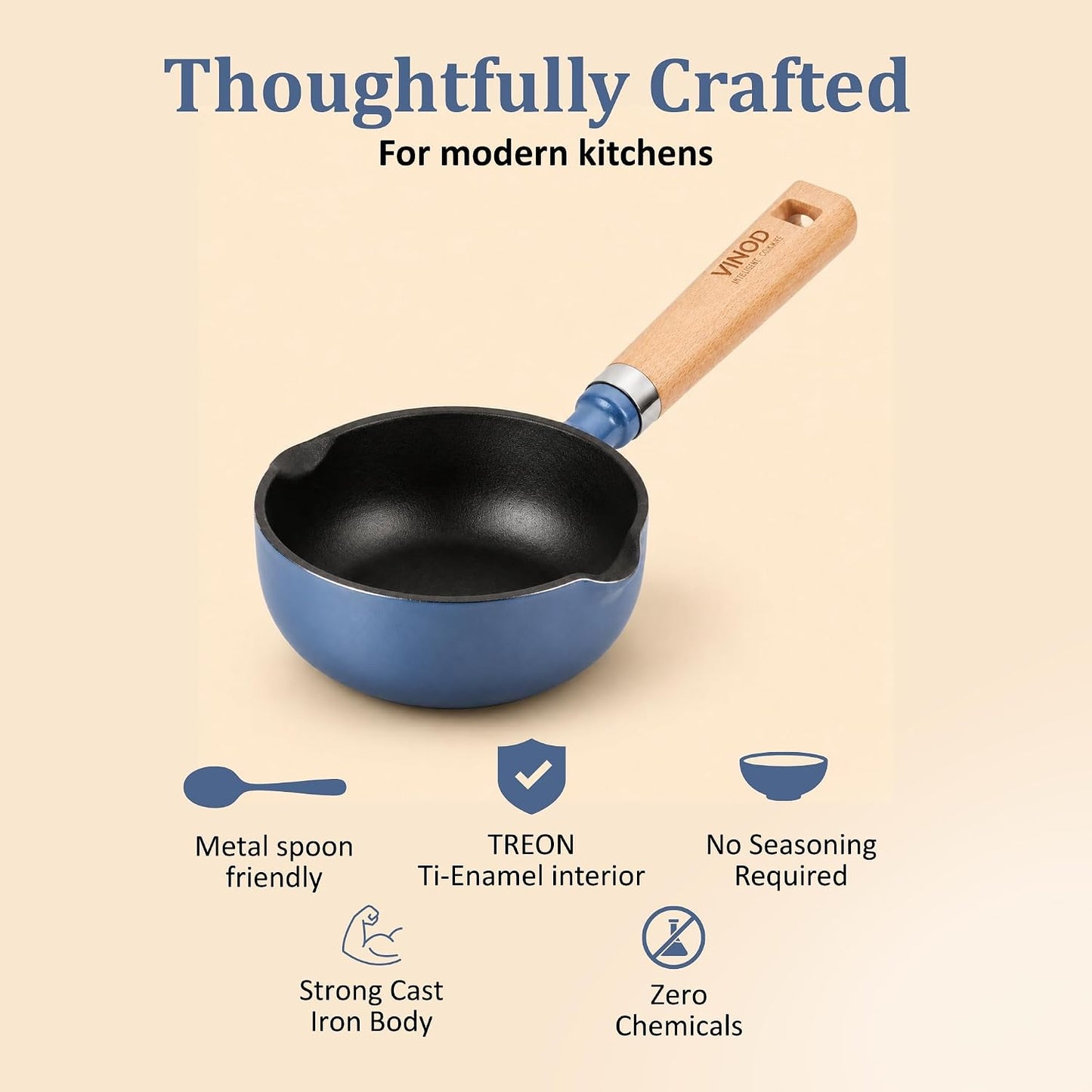 Vinod Freya Enameled Cast Iron Tadka Pan 12 cm  Blue Color| Dual Pour Spouts Wooden Handle | TREON Technology | No Seasoning Required | for Tempering & Sauces | Gas & Induction Compatible | 100% Toxin Free