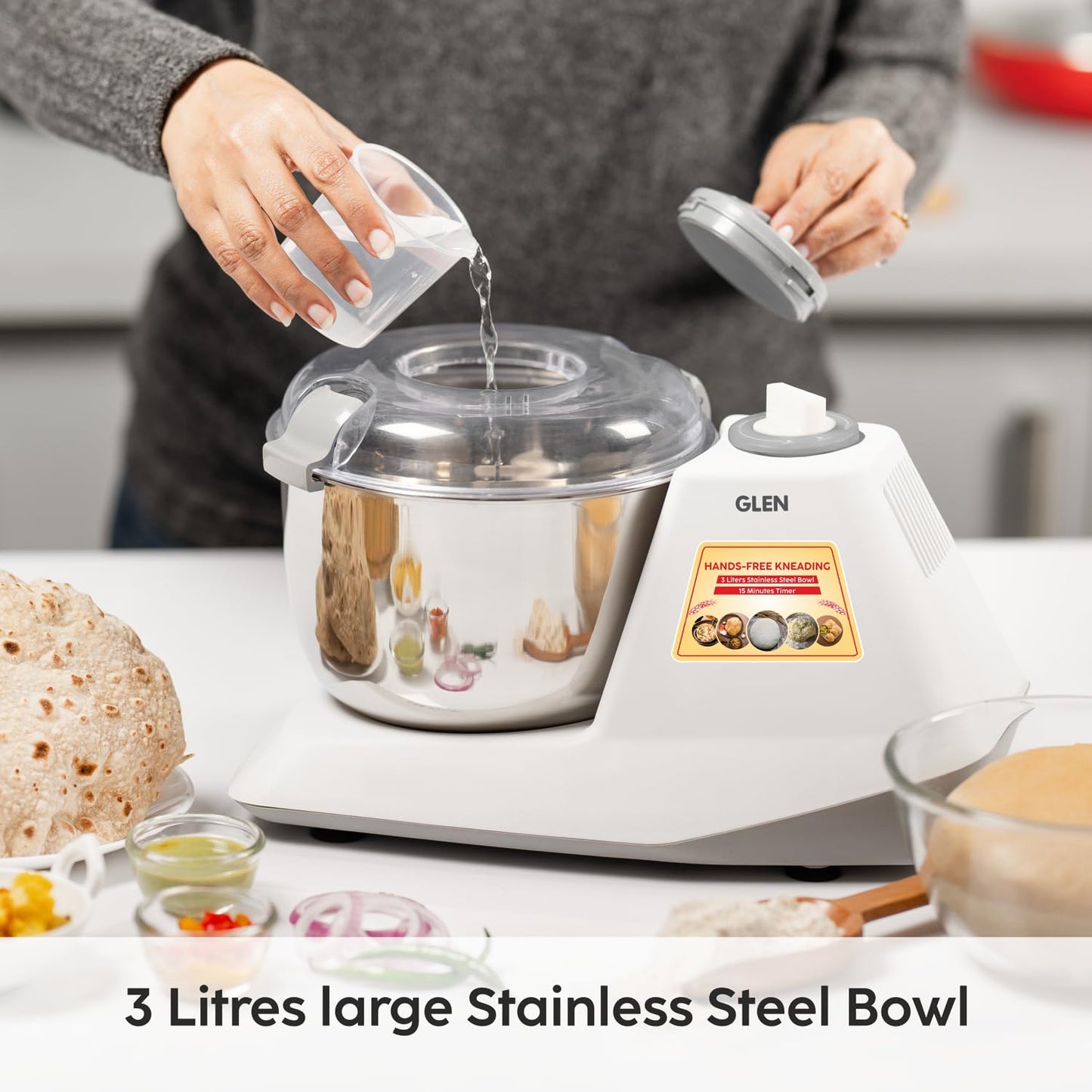 Glen Automatic Electric Atta Maker Machine, 3 Litre, 650W, Dough Kneader, Dough Mixer with Large Stainless Steel Bowl with Lid, Hands-free kneading