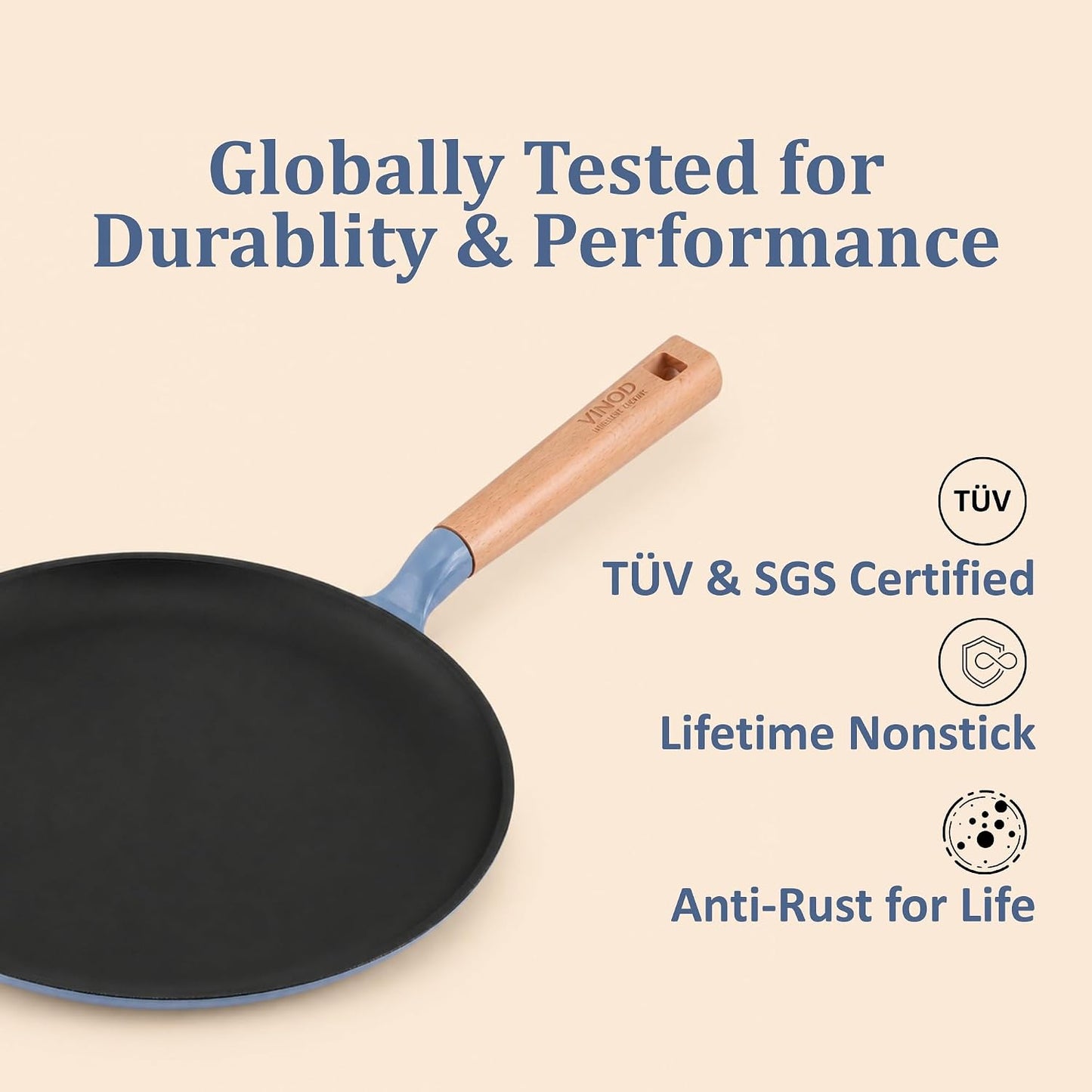 Vinod Freya Cast Iron Dosa Tawa 28 cm Blue, TREON Titanium-Reinforced Enamel, No Seasoning Required, Oil-Activated Food Release, No Traditional Seasoning, Gas & Induction Base, Beechwood Handle