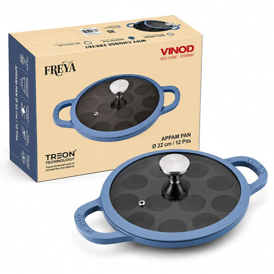 Vinod Freya Enameled Cast Iron Appe Pan with Glass Lid - 22 cm, 12 Pits Blue Color | 100% Toxin Free | No Seasoning Required | TREON Technology | Ideal for Paniyaram, Appam Patra, Paddu & Gunta Ponganalu Maker