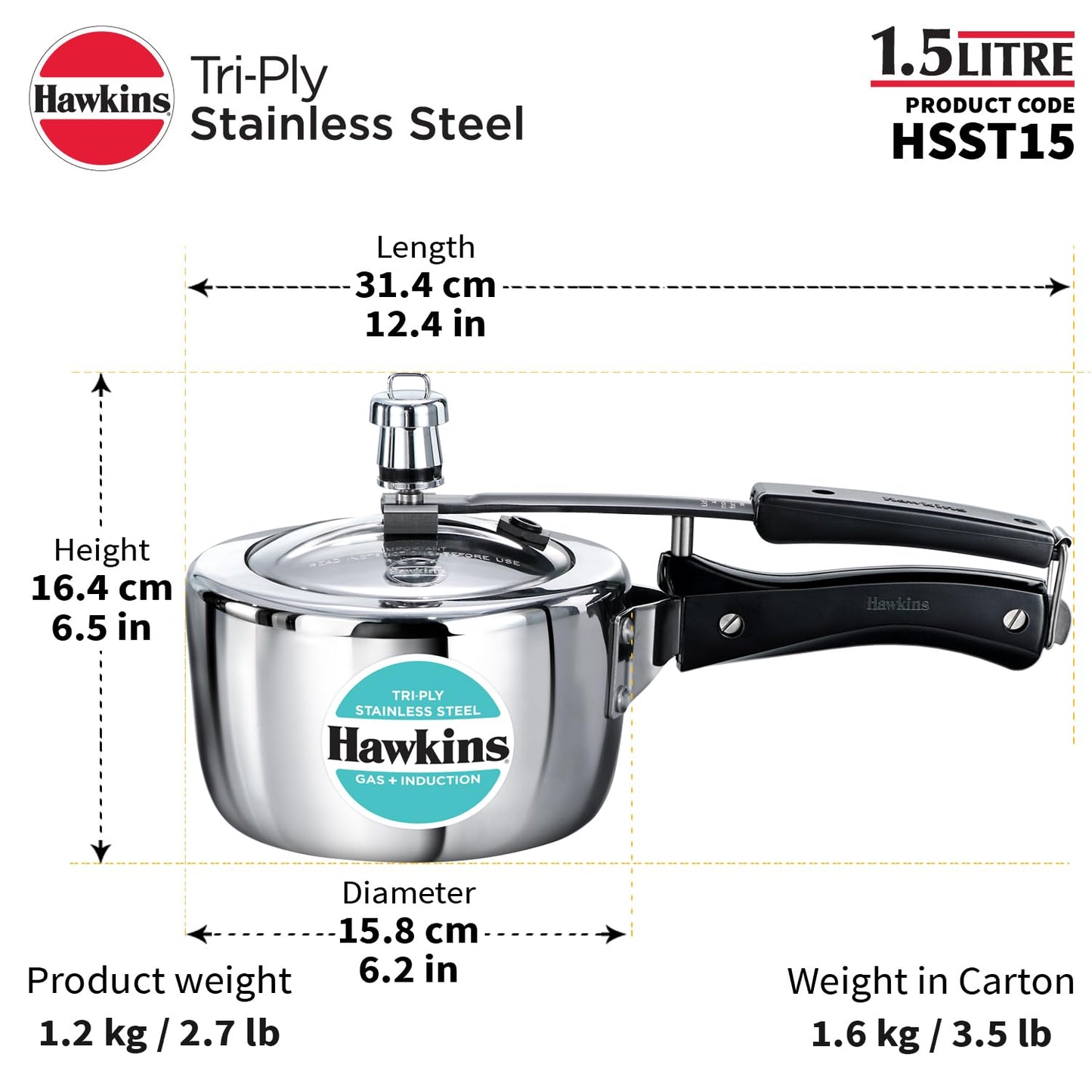 Hawkins 1.5 Liters Triply Stainless Steel Pressure Cooker, Inner Lid Induction Baby Cooker, Silver (HSST15)