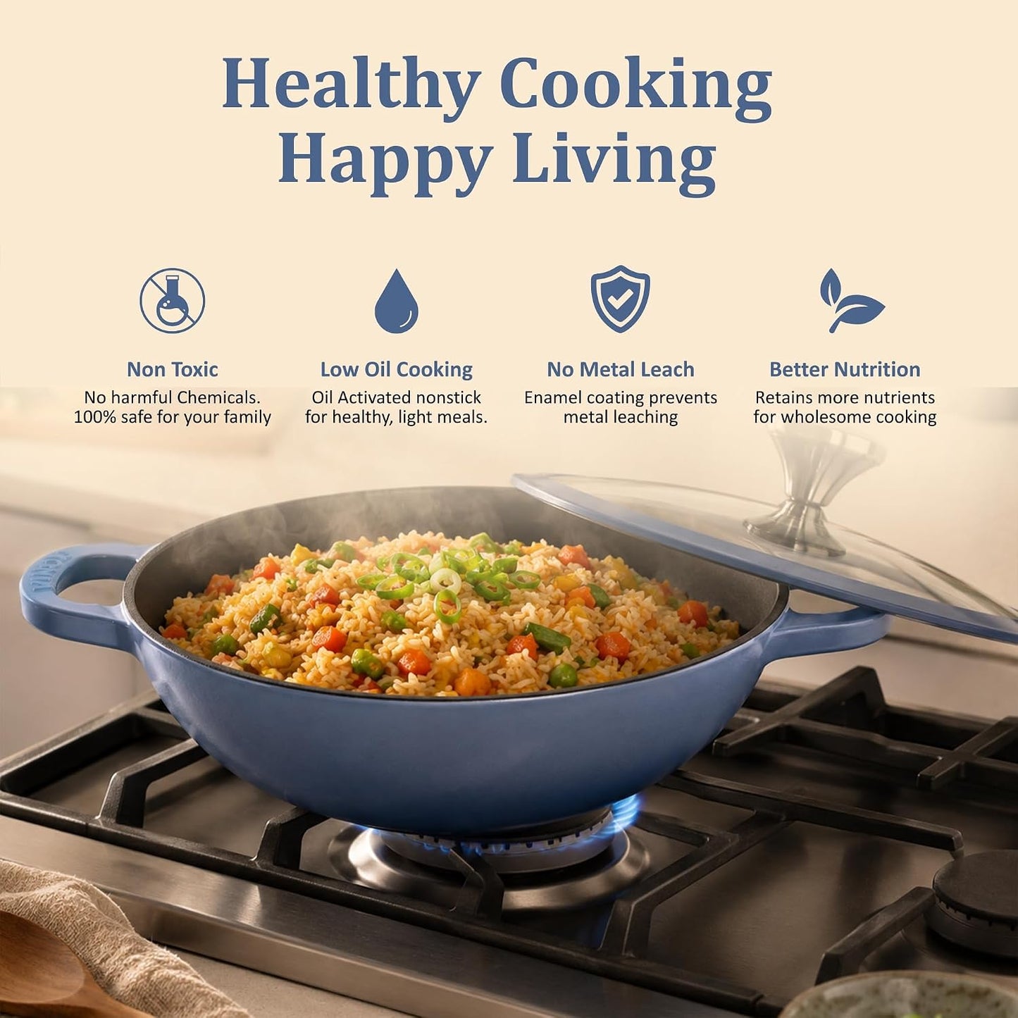 Vinod Freya Cast Iron Deep Kadai with Glass Lid, 24 cm, 2.4L Blue Color | TREON Technology Enamel Kadhai for Frying, Curry & Cooking | No Seasoning Required | Induction & Gas Compatible | No Chemical Coating