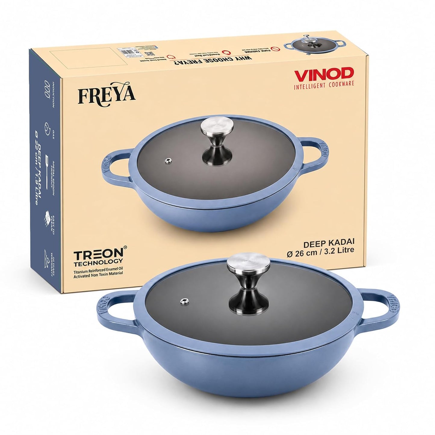 Vinod Freya Cast Iron Deep Kadai with Glass Lid, 26 cm, 3.2L Blue Color | TREON Technology Enamel Kadhai for Frying, Curry & Cooking | No Seasoning Required | 100% Pure & Toxin-Free | Induction & Gas Compatible