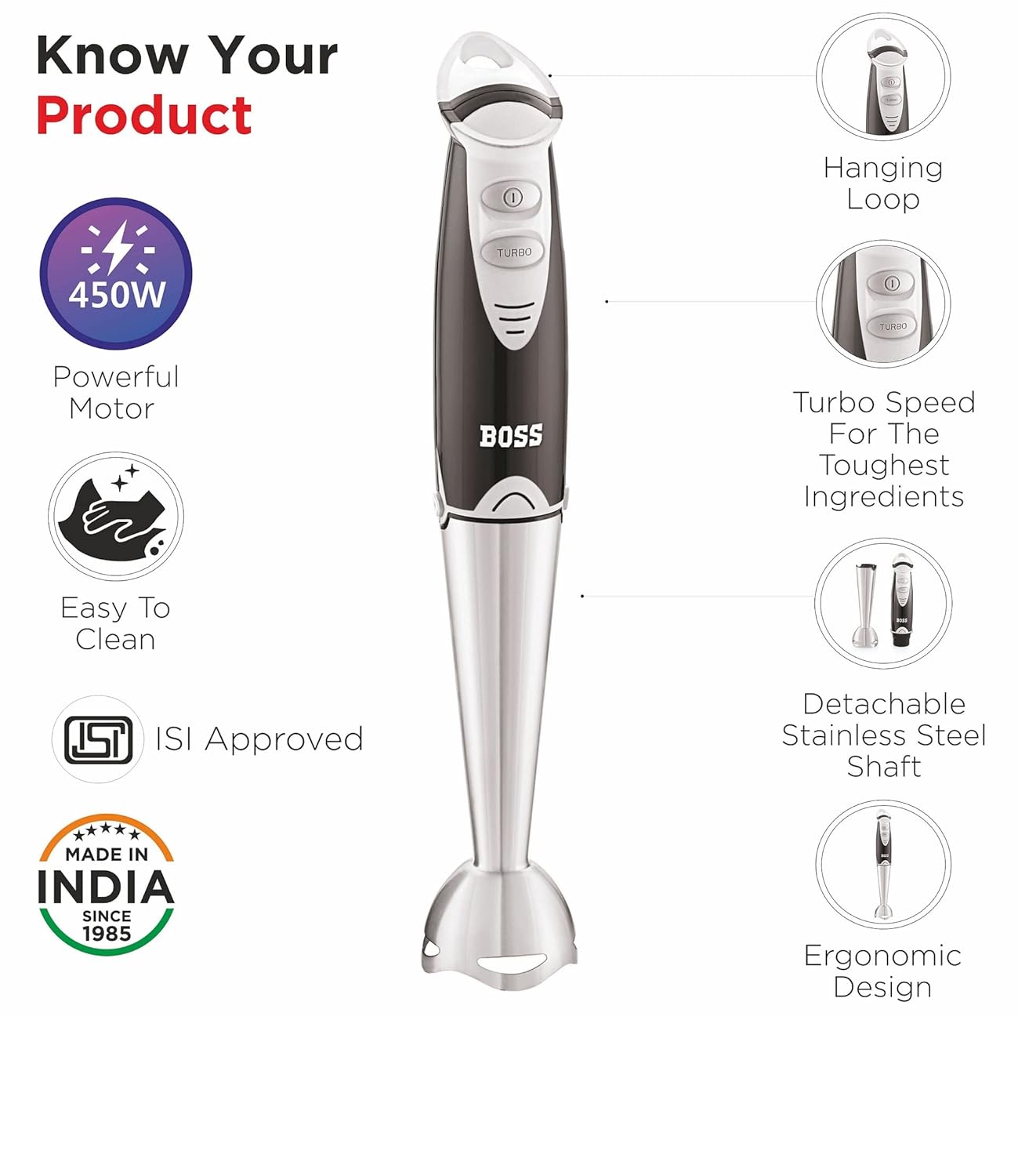 BOSS B117 Quickmix Hand Blender With Beater & Chopper Attachment, 450W, 1 Measuring Jar (Black), 450 Watt