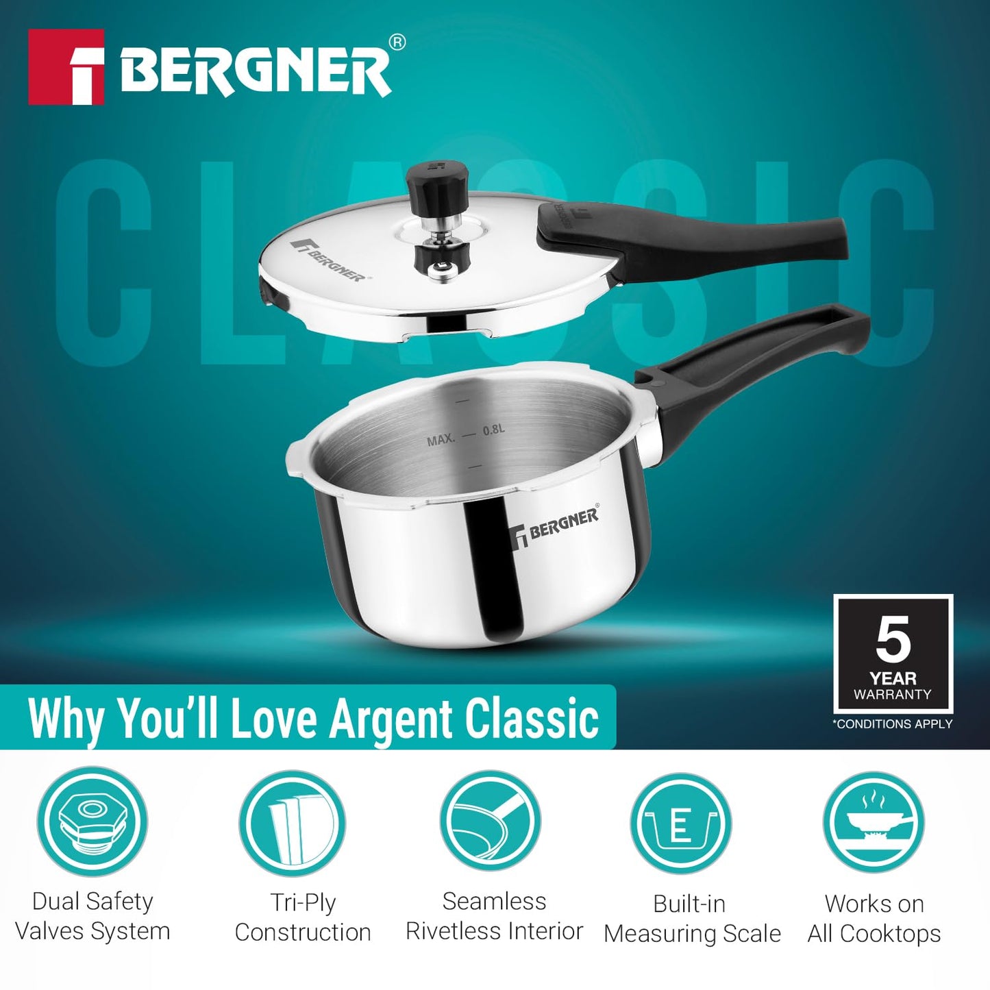 Bergner Argent Classic Triply Stainless Steel 1 Liter Outer Lid Pressure Cooker, Mini Baby Cooker with Resettable Safety Valve, Sturdy Handle, Easy to Use and Clean - Induction and Gas Stove Ready
