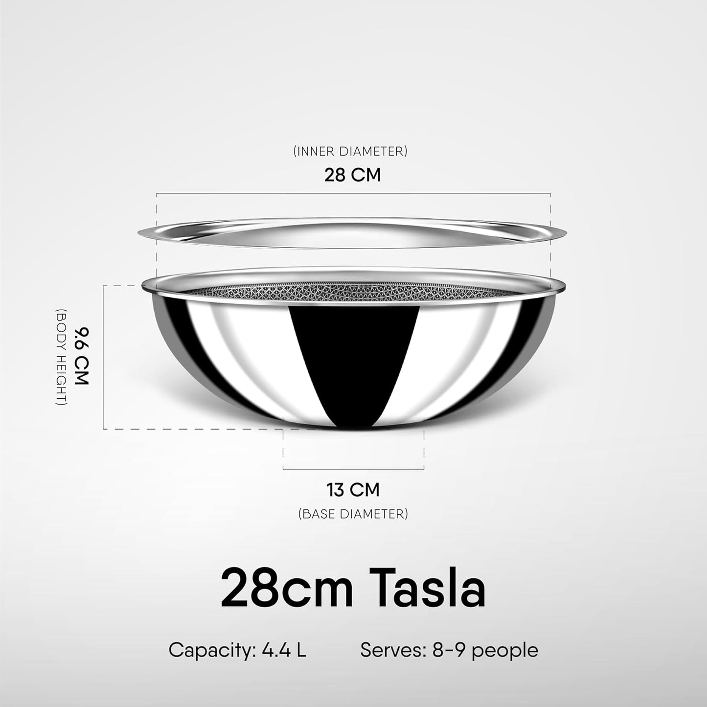 Stahl Artisan Hybrid Triply Non Stick Tasla with Lid 28 cm 4.4 Liters, Stainless Steel Kadai/Tasla for Cooking, Triply Kadhai/Tasla Metal Spatula Friendly, Induction & Gas Stove Compatible, 4.4 L, 28 cm