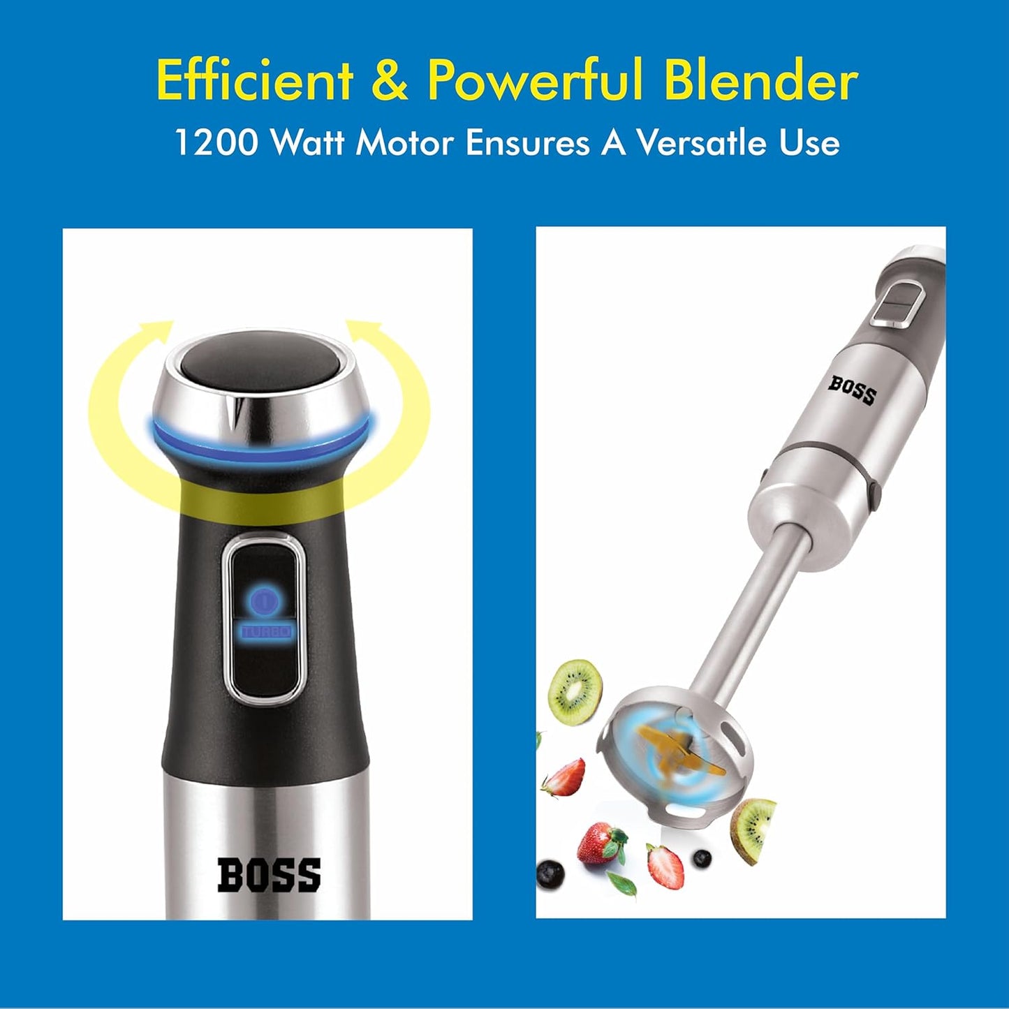 BOSS Stellar Hand Blender 1200 Watts with Chopper, Blender Jar, On to go Bottle Cap| Variable Speed & Turbo Speed Function| Anti-Splash Technology| 2 Year Warranty| Black and Grey