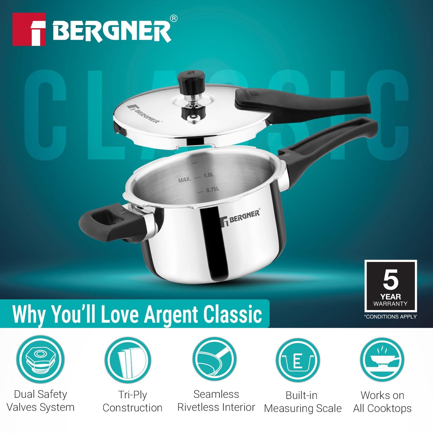 Bergner Argent Classic Triply Stainless Steel 1.5 Liters Outer Lid Pressure Cooker, Mini Baby Cooker with Resettable Safety Valve, Sturdy Handle, Easy to Use and Clean - Induction and Gas Stove Ready