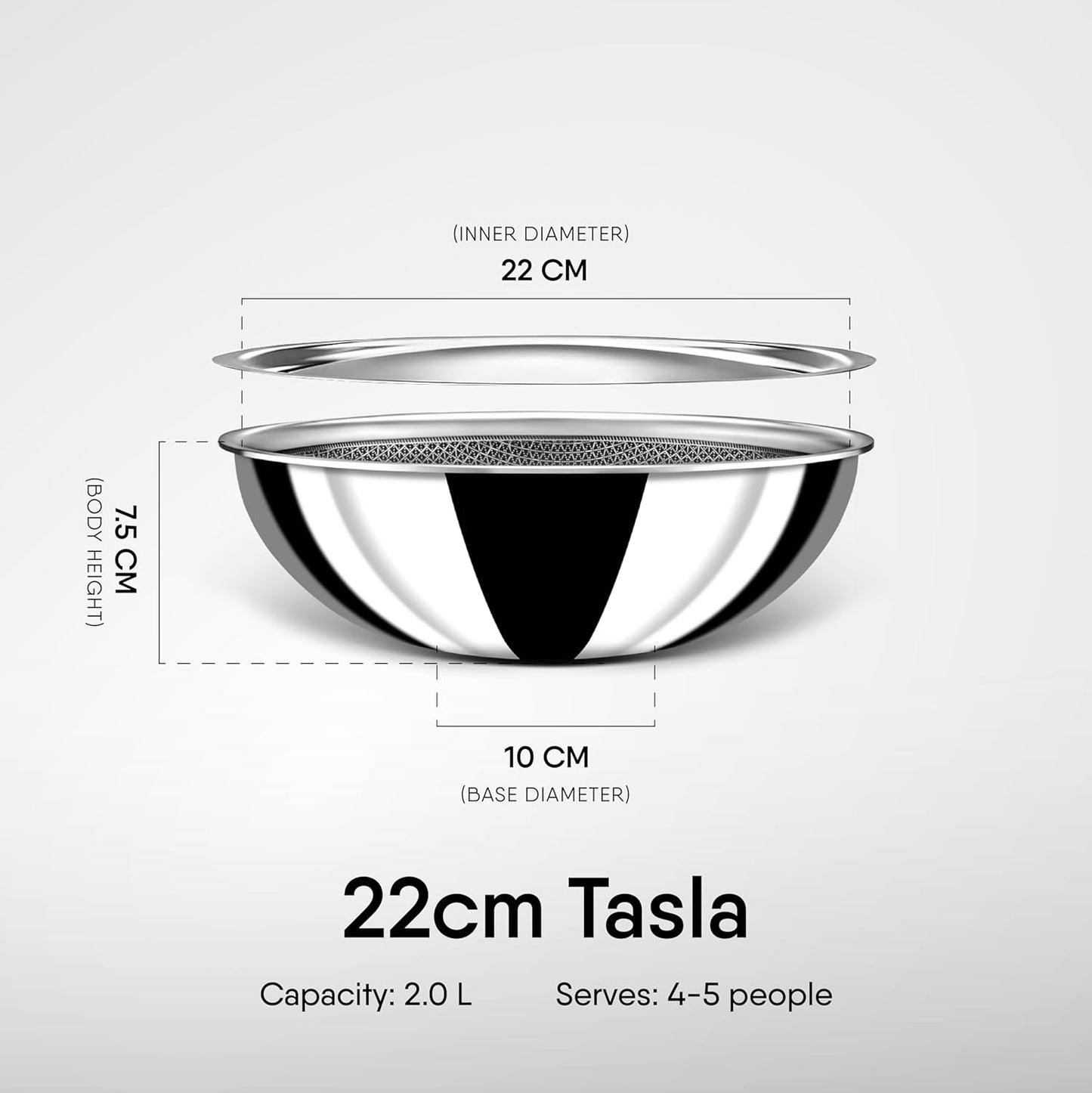 Stahl Artisan Hybrid Triply Non Stick Tasla with Lid 22 cm 2Liters, Stainless Steel Kadhai/Tasla for Cooking, Triply Kadhai/Tasla Metal Spatula Friendly, Induction & Gas Stove Compatible, 2.0 L, 22 cm