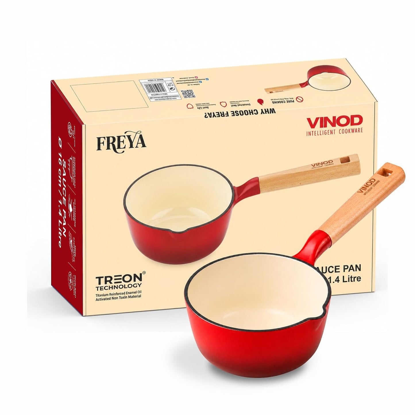 Vinod Freya Enameled Cast Iron Saucepan - 16 cm,1.4 L Red Color | TREON Technology | 100% Toxin Free | Wooden Handle with Pour Spout | Gas & Induction Compatible | No Seasoning Required | Milk & Tea Pan