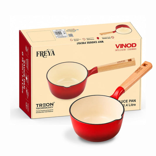 Vinod Freya Enameled Cast Iron Saucepan - 16 cm,1.4 L Red Color | TREON Technology | 100% Toxin Free | Wooden Handle with Pour Spout | Gas & Induction Compatible | No Seasoning Required | Milk & Tea Pan