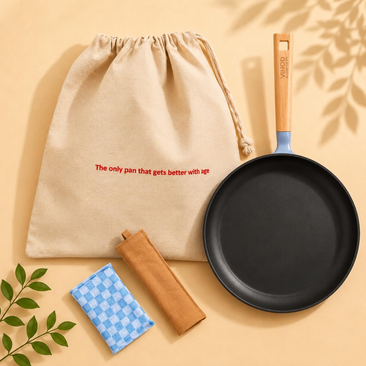 Vinod Freya Cast Iron Dosa Tawa 28 cm Blue, TREON Titanium-Reinforced Enamel, No Seasoning Required, Oil-Activated Food Release, No Traditional Seasoning, Gas & Induction Base, Beechwood Handle