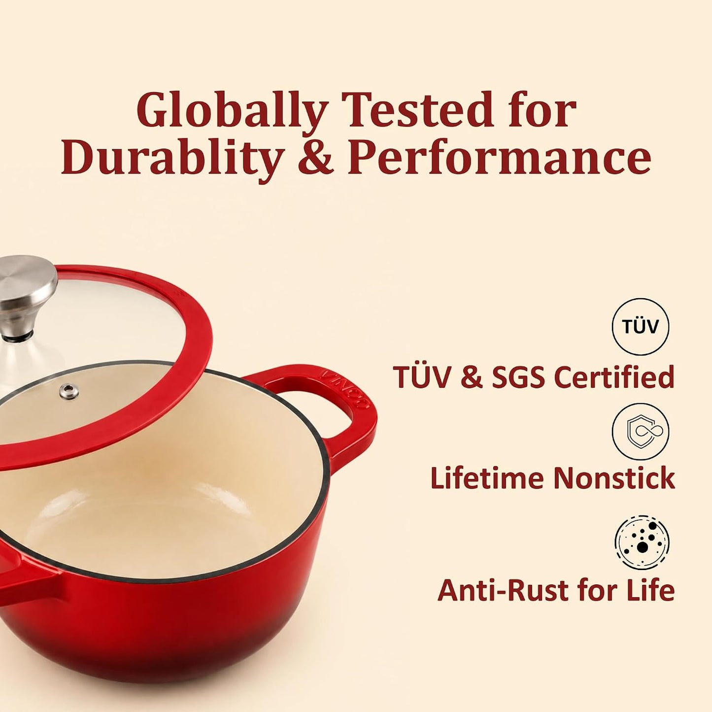 Vinod Freya Cast Iron Saucepot with Glass Lid, 20cm 2L | Enameled Casserole & Dutch Oven | TREON Technology | Iron-Rich Handi for everyday use | Induction & Gas Compatible Cooking Pot