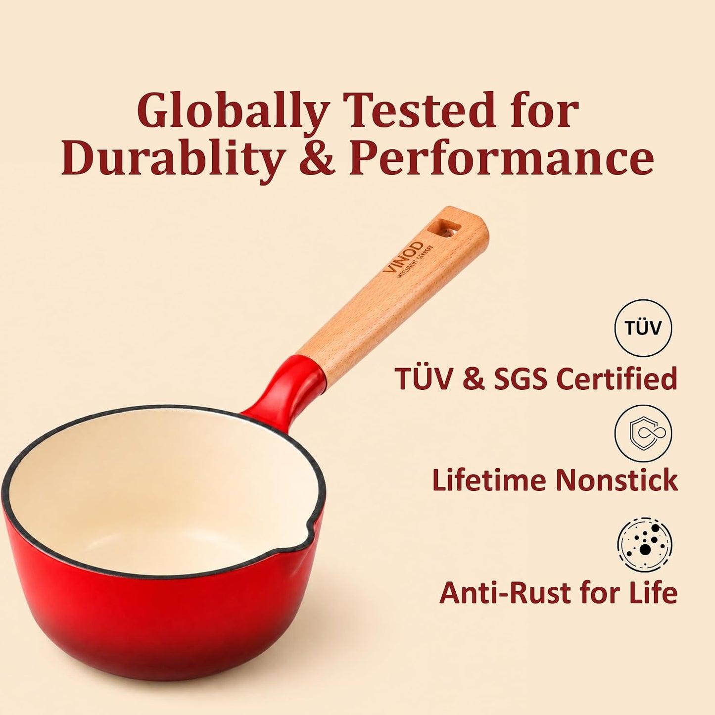 Vinod Freya Enameled Cast Iron Saucepan - 16 cm,1.4 L Red Color | TREON Technology | 100% Toxin Free | Wooden Handle with Pour Spout | Gas & Induction Compatible | No Seasoning Required | Milk & Tea Pan