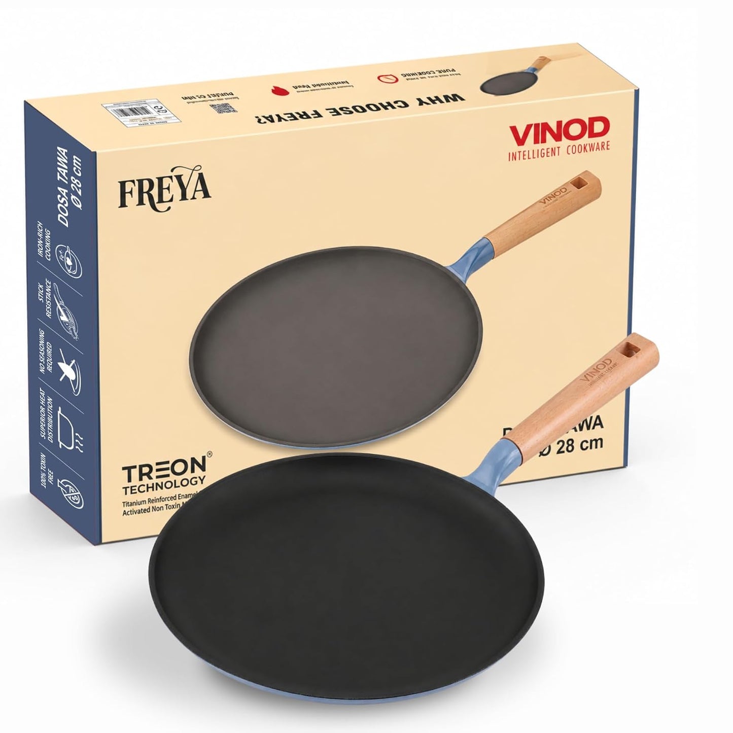 Vinod Freya Cast Iron Dosa Tawa 28 cm Blue, TREON Titanium-Reinforced Enamel, No Seasoning Required, Oil-Activated Food Release, No Traditional Seasoning, Gas & Induction Base, Beechwood Handle