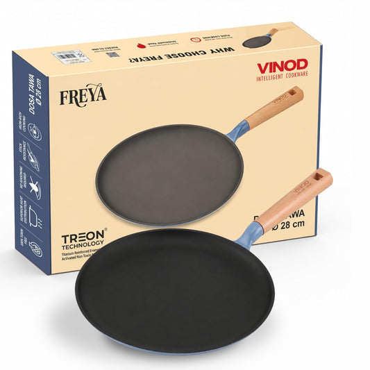 Vinod Freya Cast Iron Dosa Tawa 28 cm Blue, TREON Titanium-Reinforced Enamel, No Seasoning Required, Oil-Activated Food Release, No Traditional Seasoning, Gas & Induction Base, Beechwood Handle