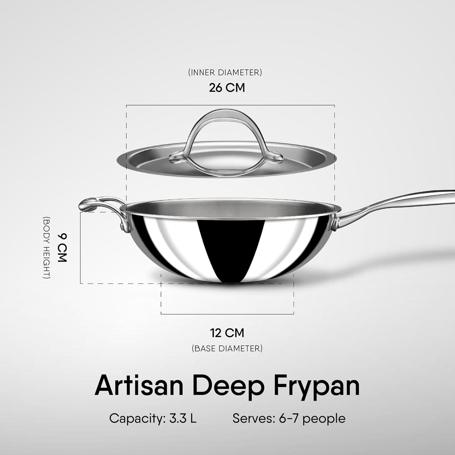 Stahl Artisan Triply Stainless Steel Wok with Lid 26cm 3.3Liters, Deep Frypan Induction Base, Stir Fry Wok, Induction & Gas Stove Compatible, 3.3 L, 26 cm