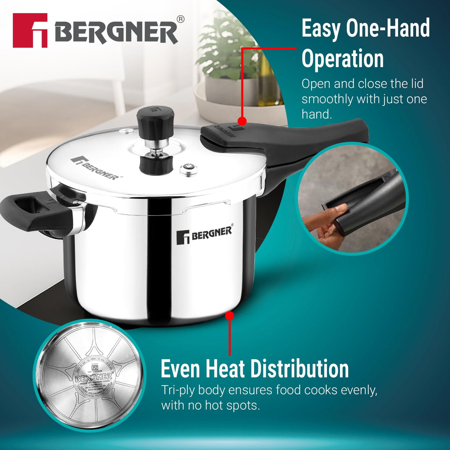 Bergner Argent Classic Triply Stainless Steel 8 Liters Outer Lid Pressure Cooker, Big Size Triply Cooker with Resettable Safety Valve, Sturdy Handle, Easy to Clean - Induction and Gas Stove Ready