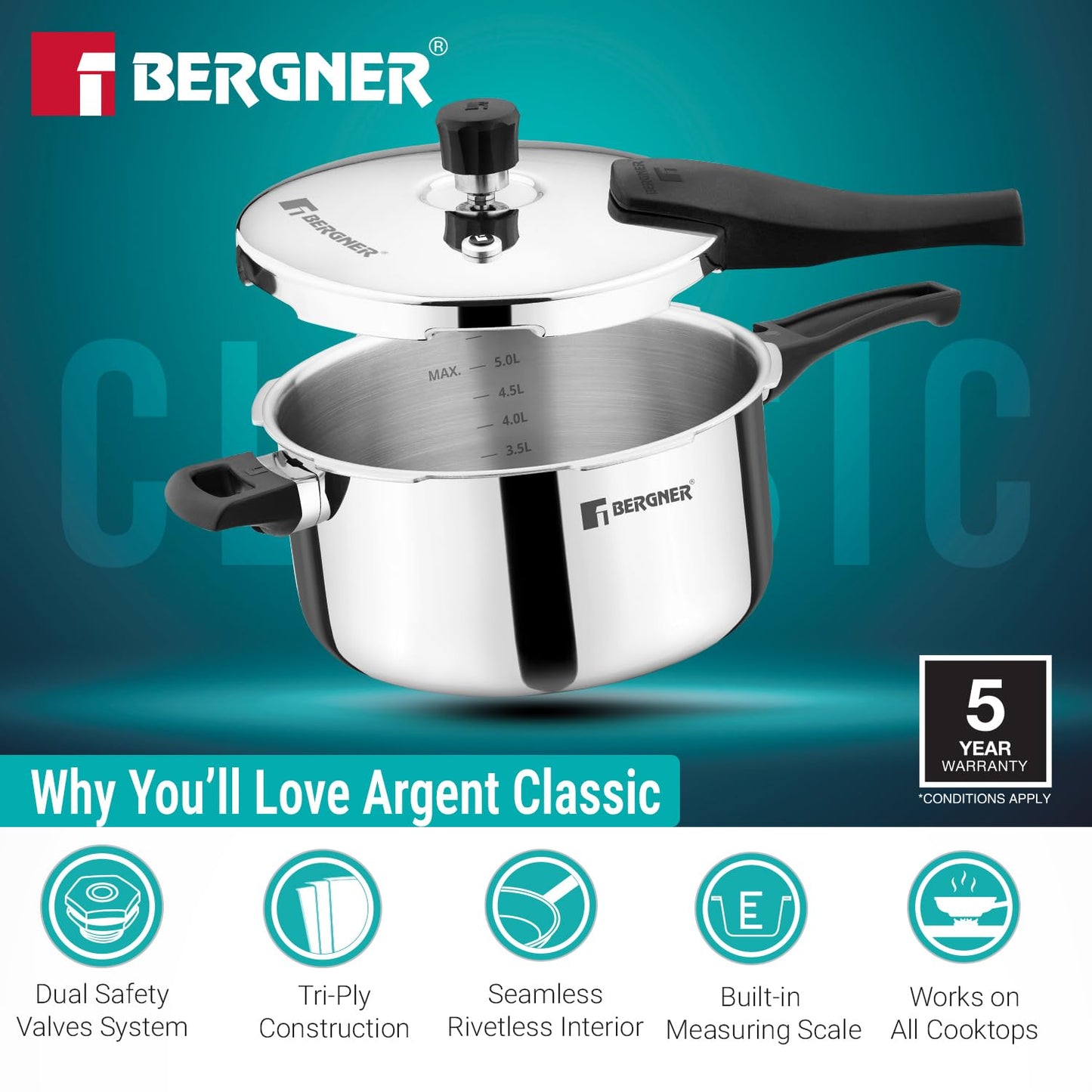 Bergner Argent Classic Triply Stainless Steel 6.5 Liters Outer Lid Pressure Cooker, Triply Cooker with Resettable Safety Valve, Sturdy Handle, Easy to Use and Clean - Induction and Gas Stove Ready